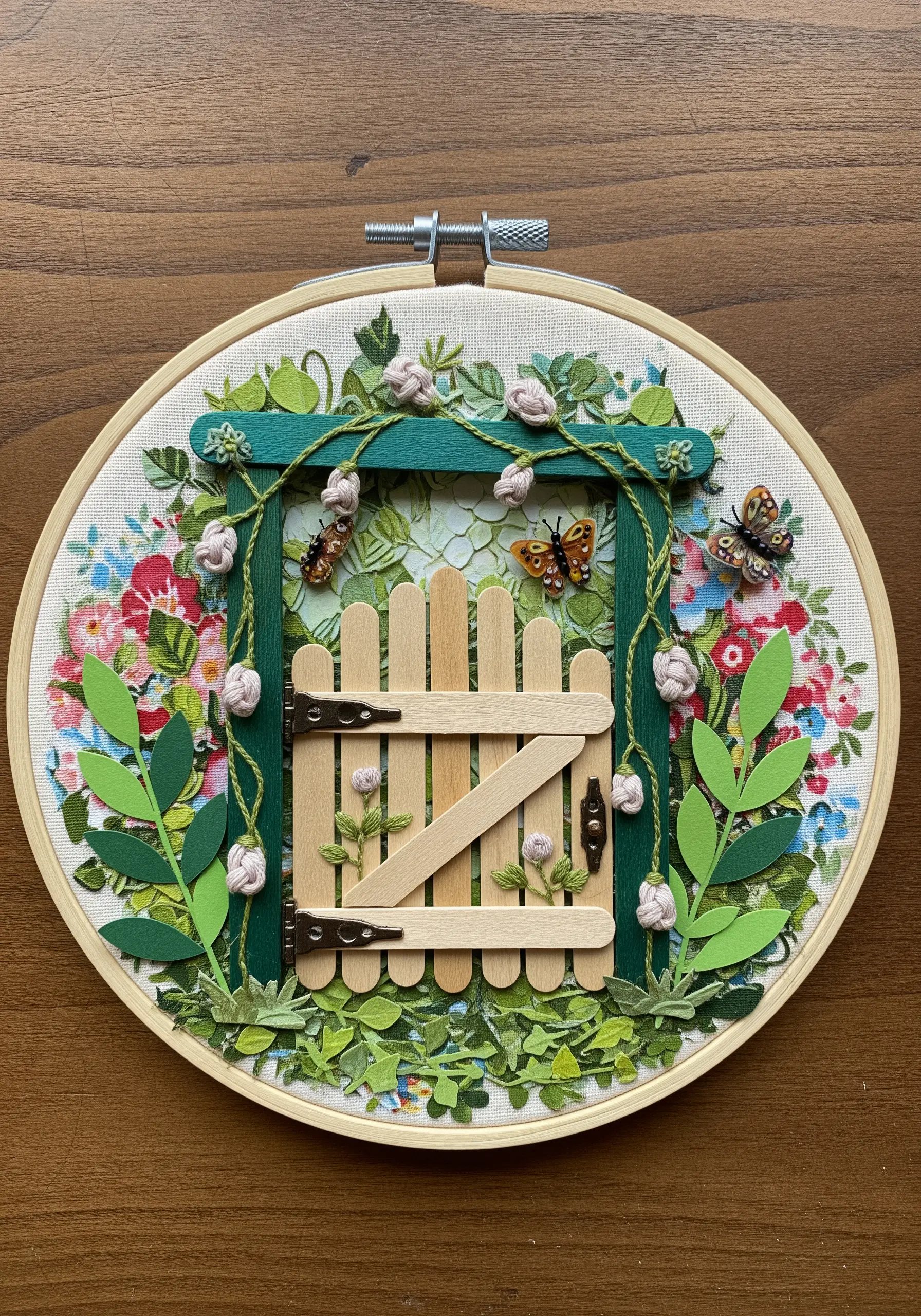 A 3D secret garden scene built inside an embroidery hoop with a miniature gate and paper leaves.