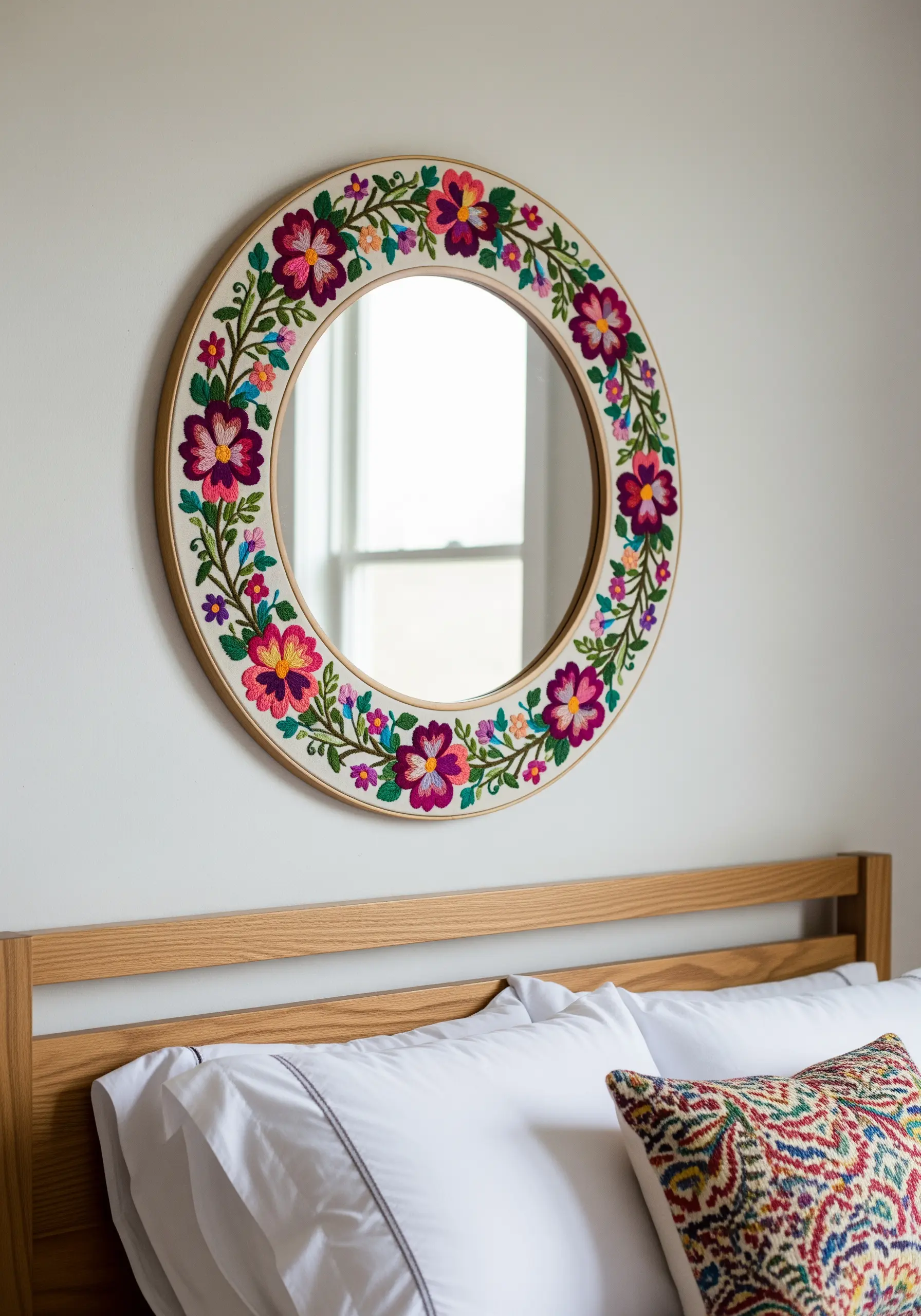 A round wall mirror framed with a wide border of brightly colored embroidered flowers and vines.