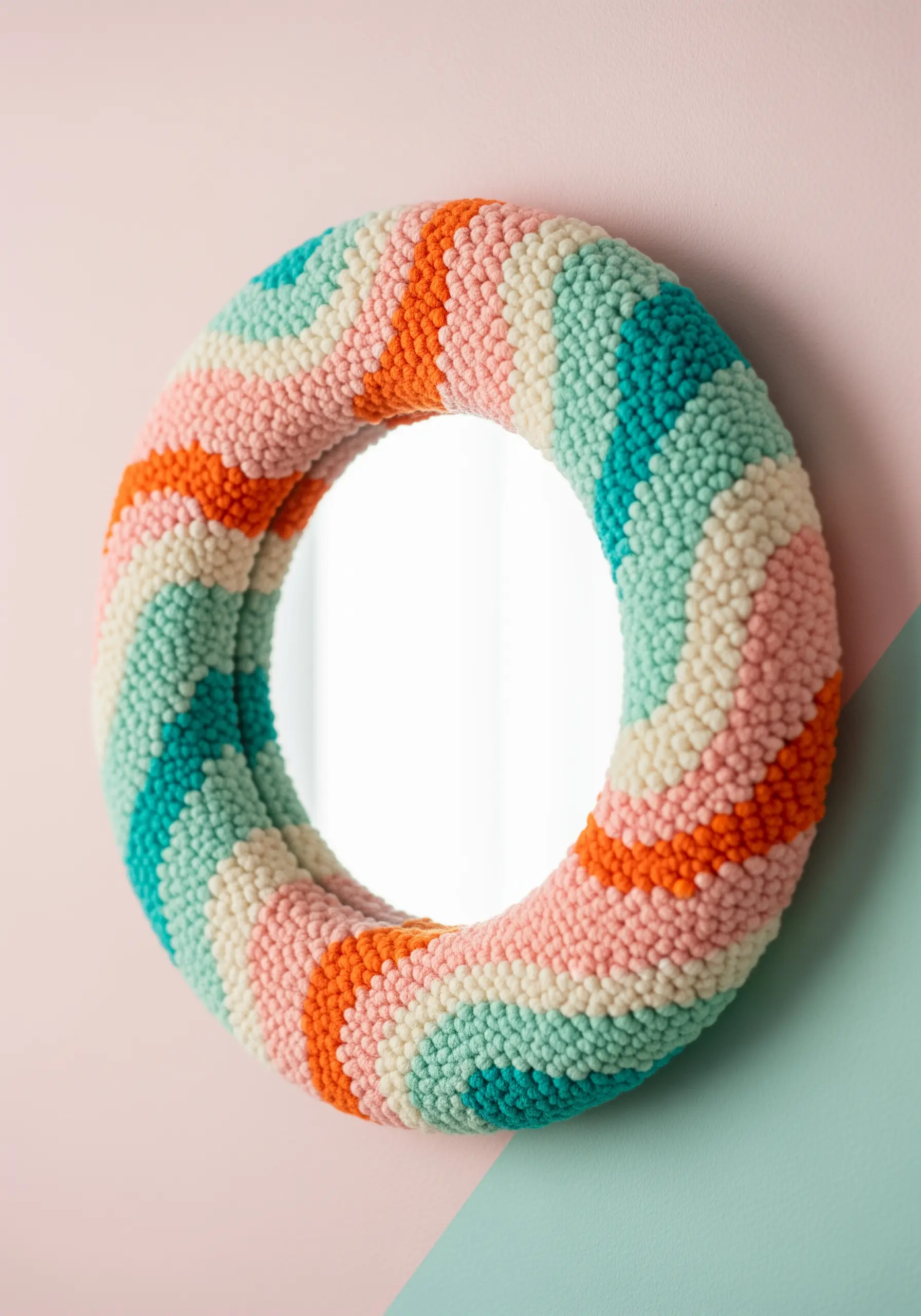 A round mirror framed with a plush punch needle border in wavy lines of orange, pink, and teal.