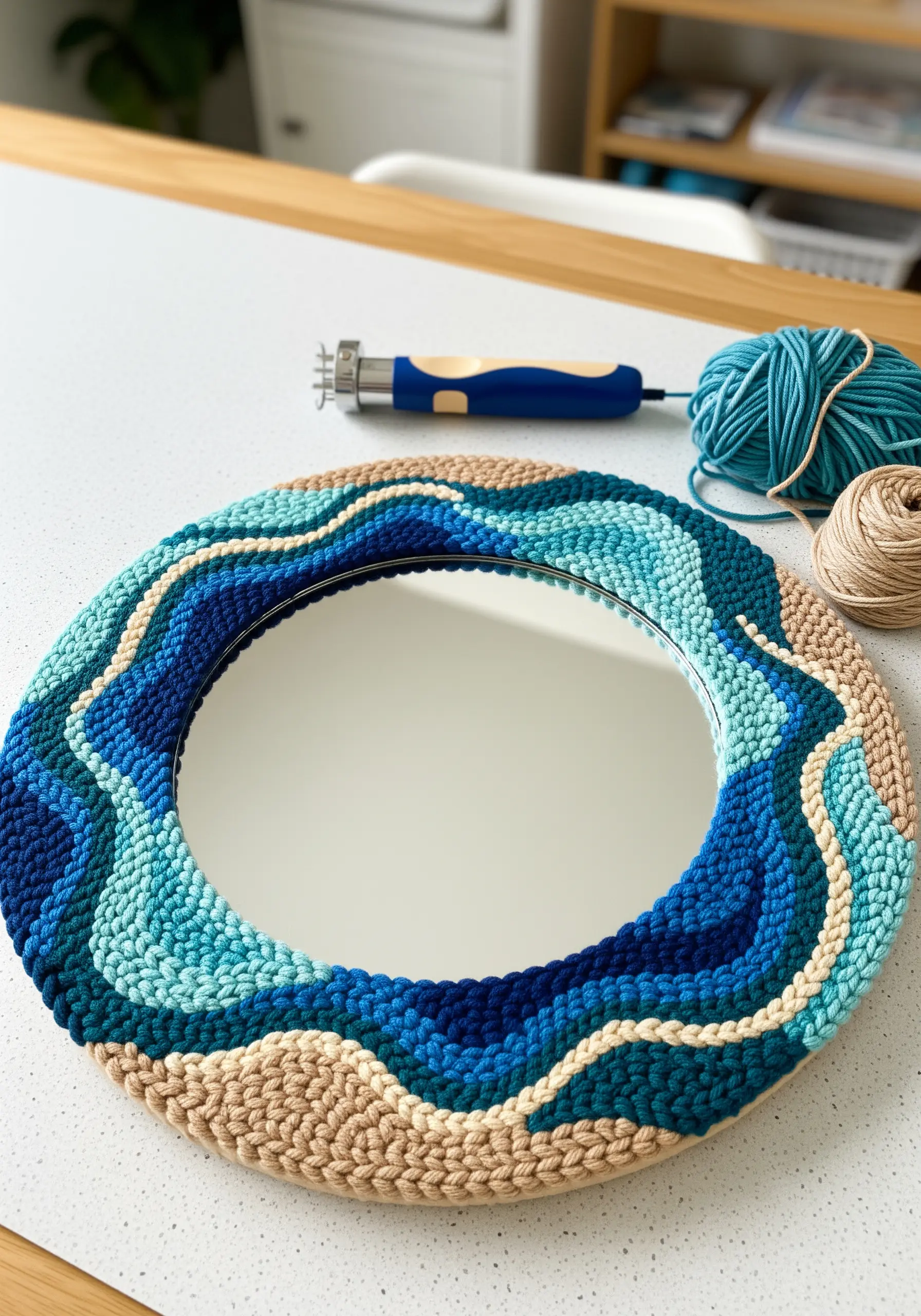 A round mirror framed with a wavy punch needle design in shades of blue and sand.
