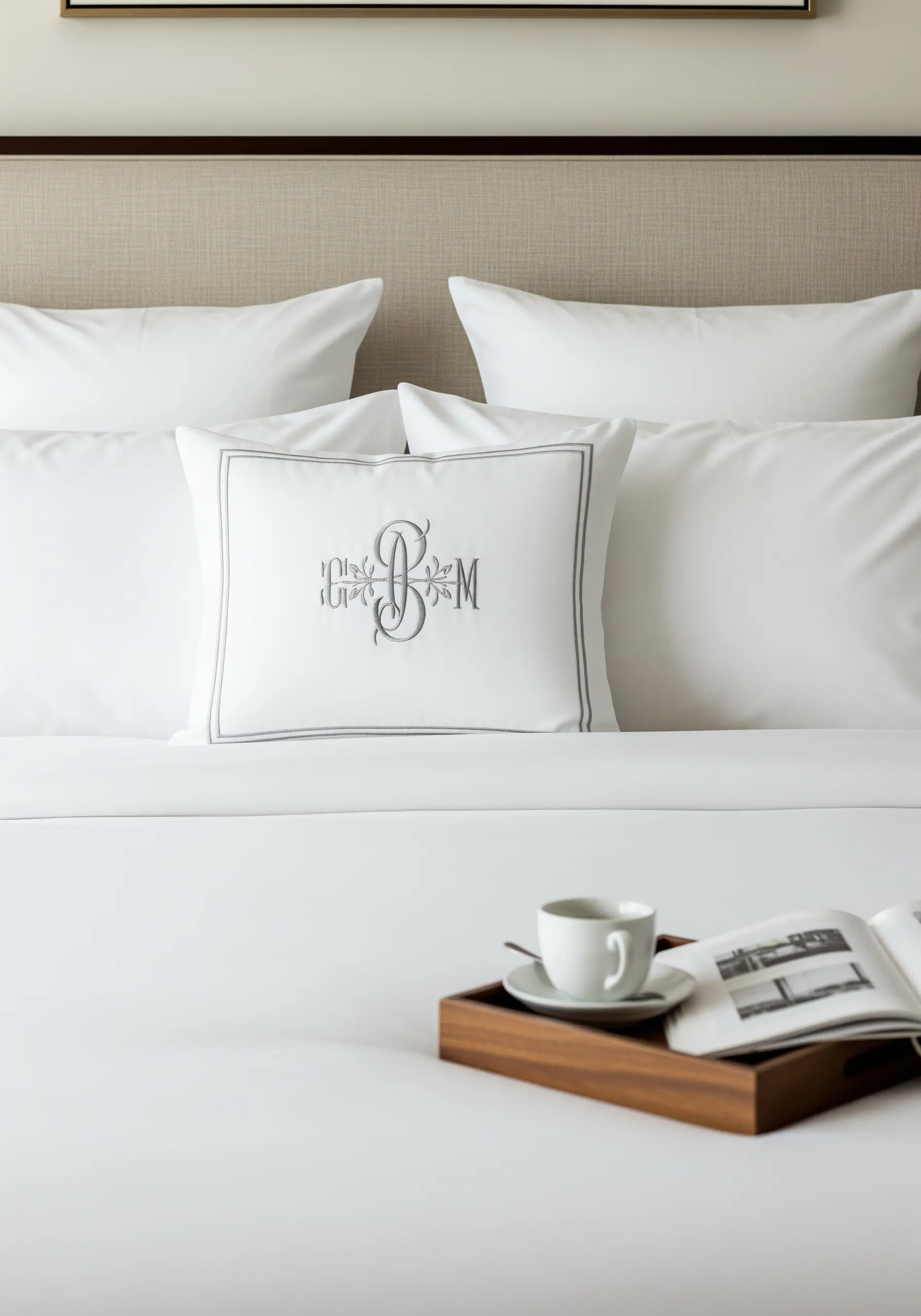 A classic gray monogram on a white pillow, framed by delicate, hand-stitched leaf sprigs.