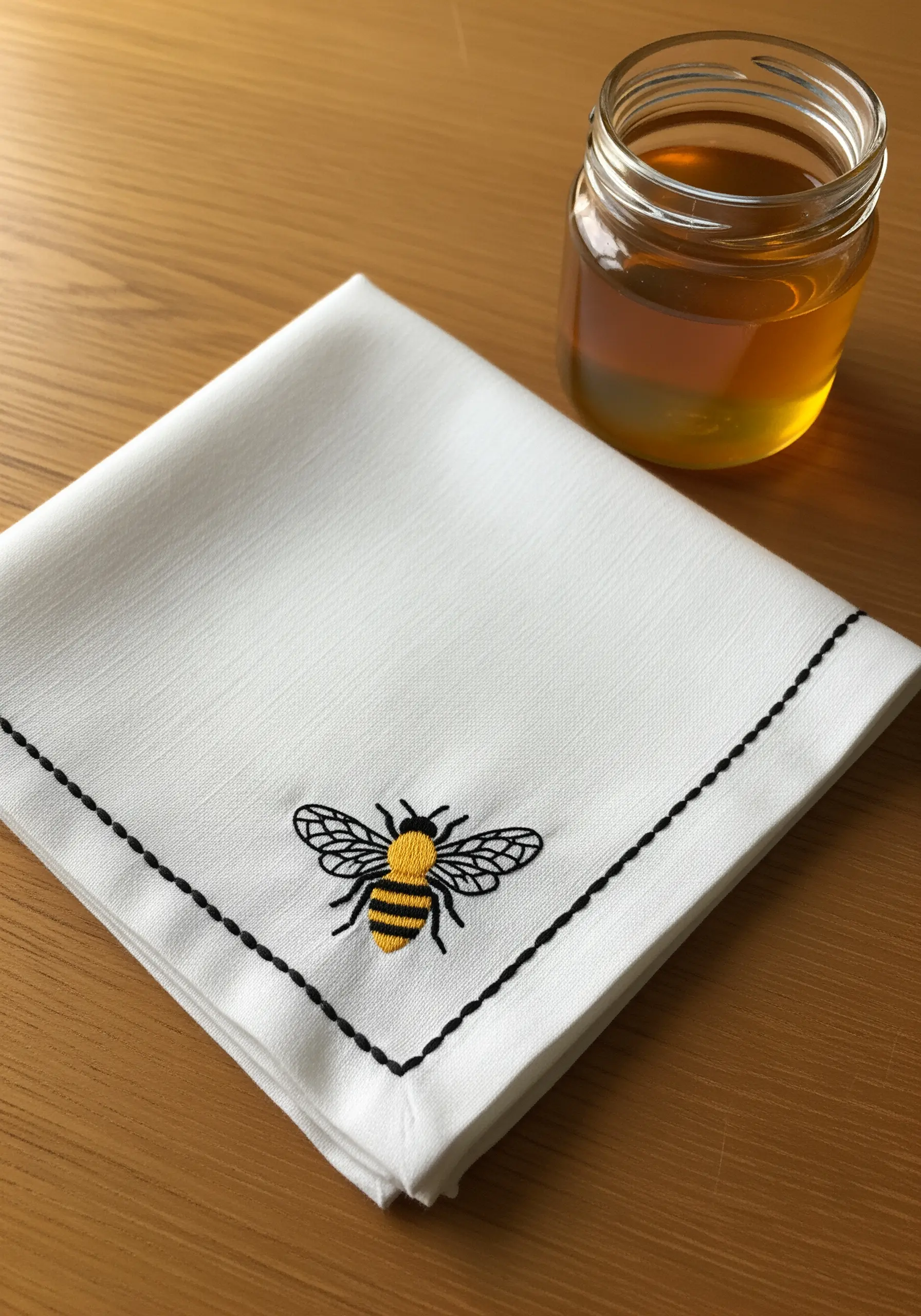 Embroidered bee with yellow and black satin stitch, framed by a simple black running stitch border.