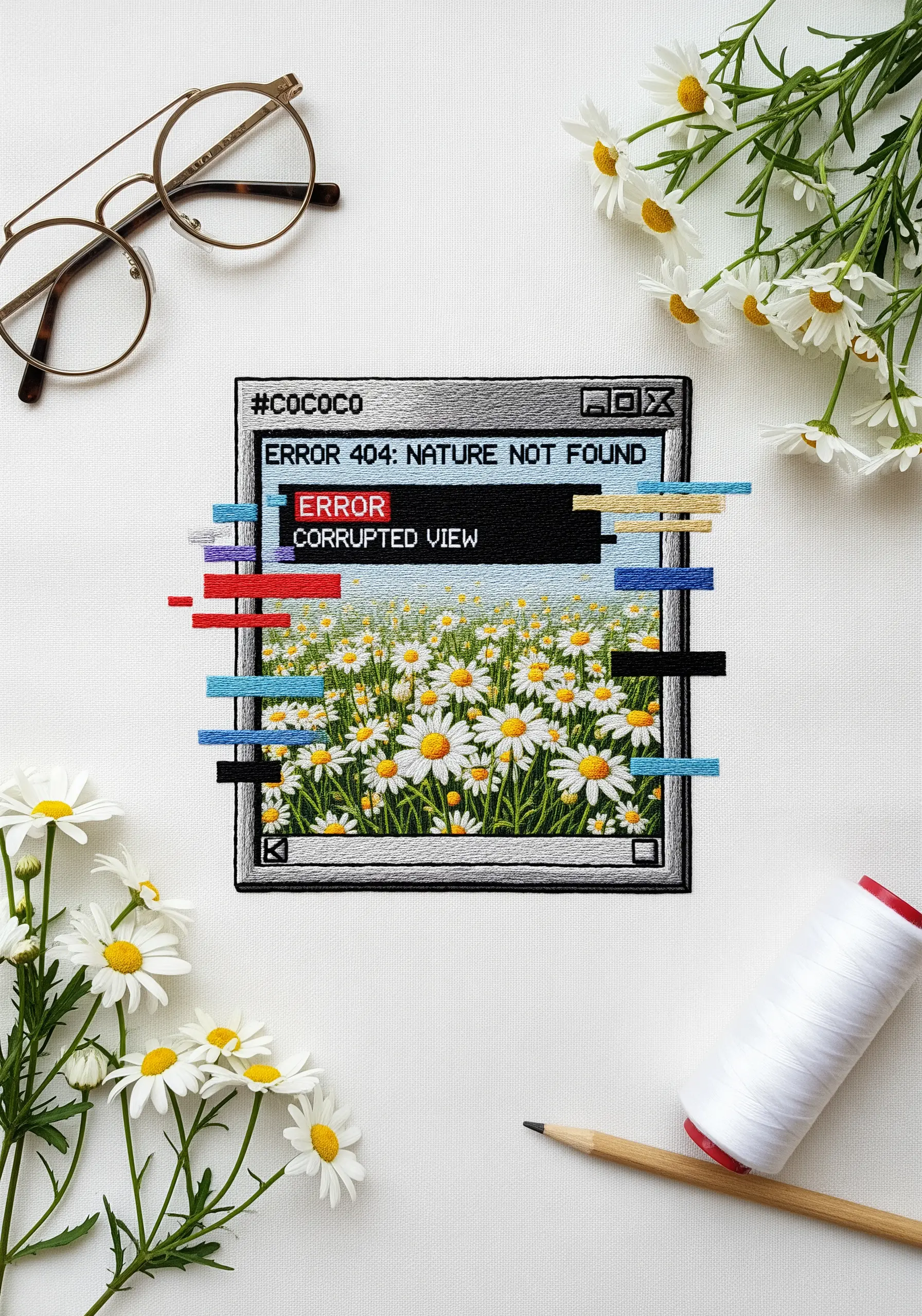 Embroidery of a glitched computer error window showing a field of daisies.