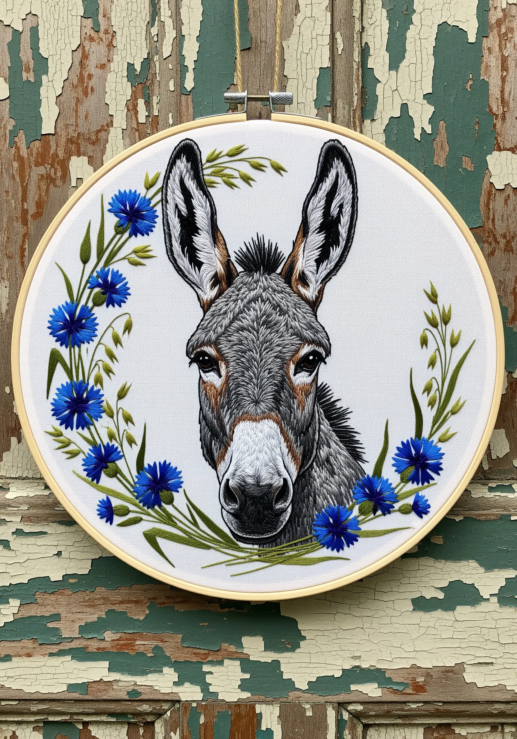 A detailed thread-painted donkey portrait framed by a wreath of blue cornflowers.