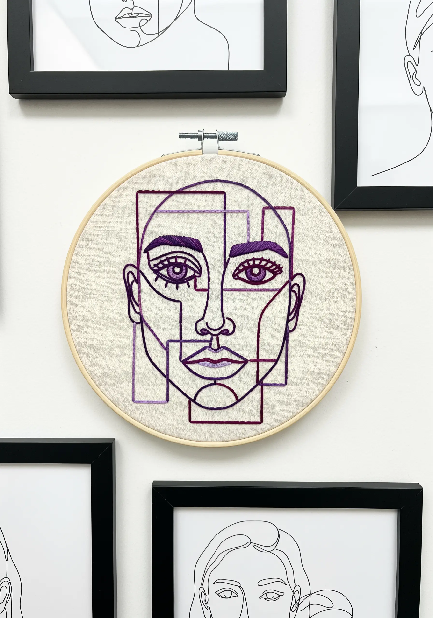 Line art face overlaid with intersecting geometric squares in shades of purple.