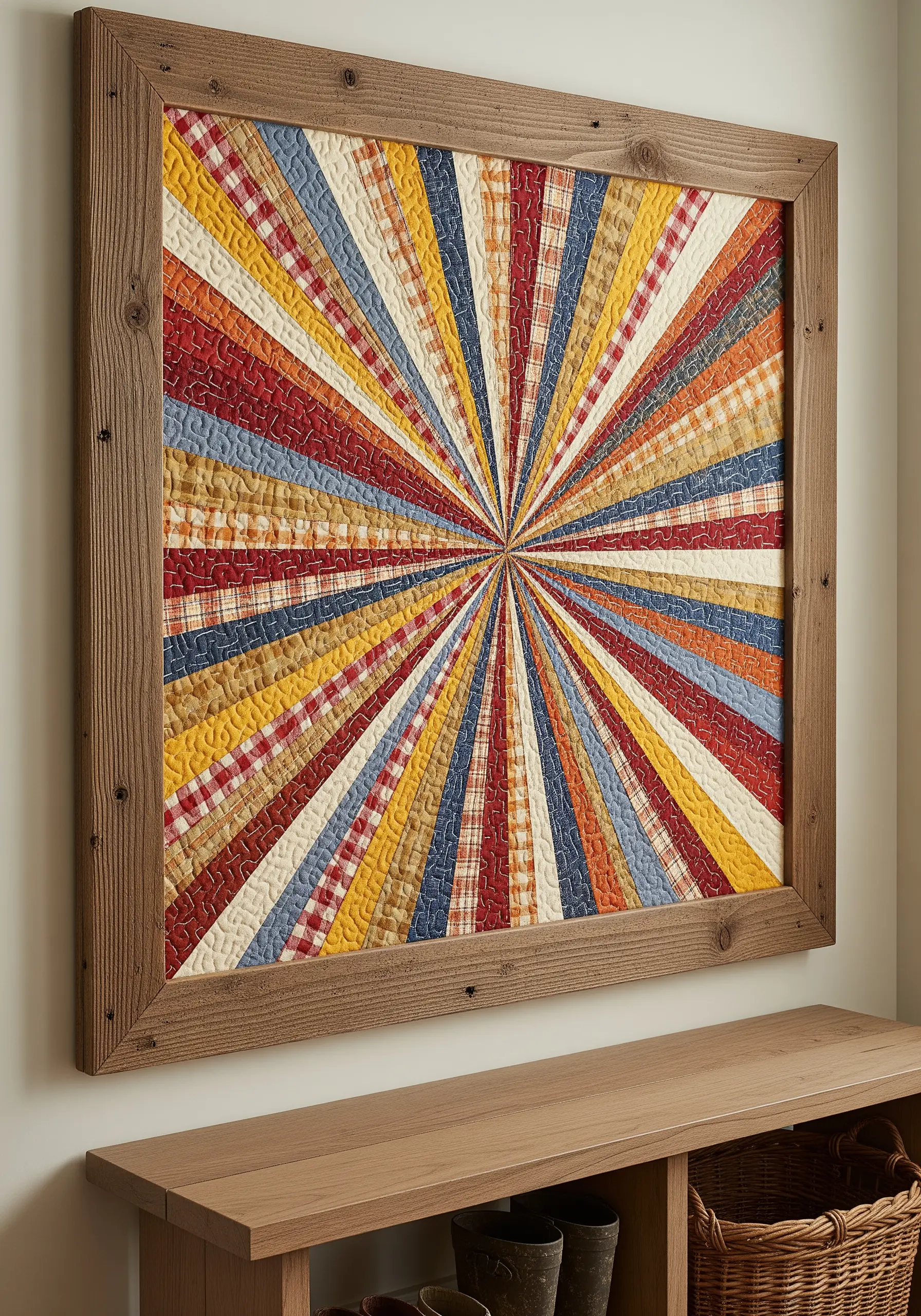 A framed quilt made of colorful fabric strips in a radiating sunburst pattern.