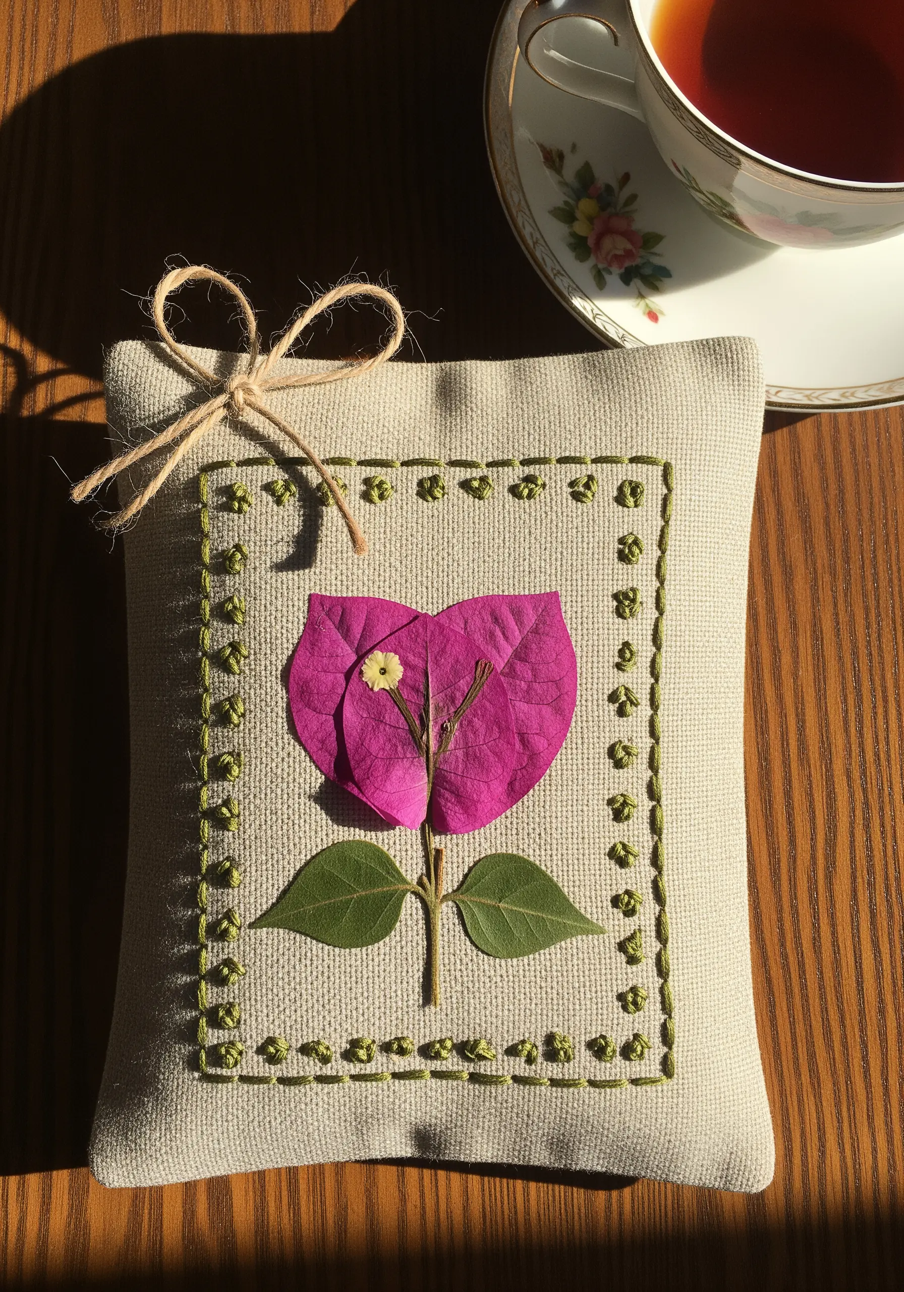 A single magenta bougainvillea petal framed by a textured green stitch border on a small cushion.