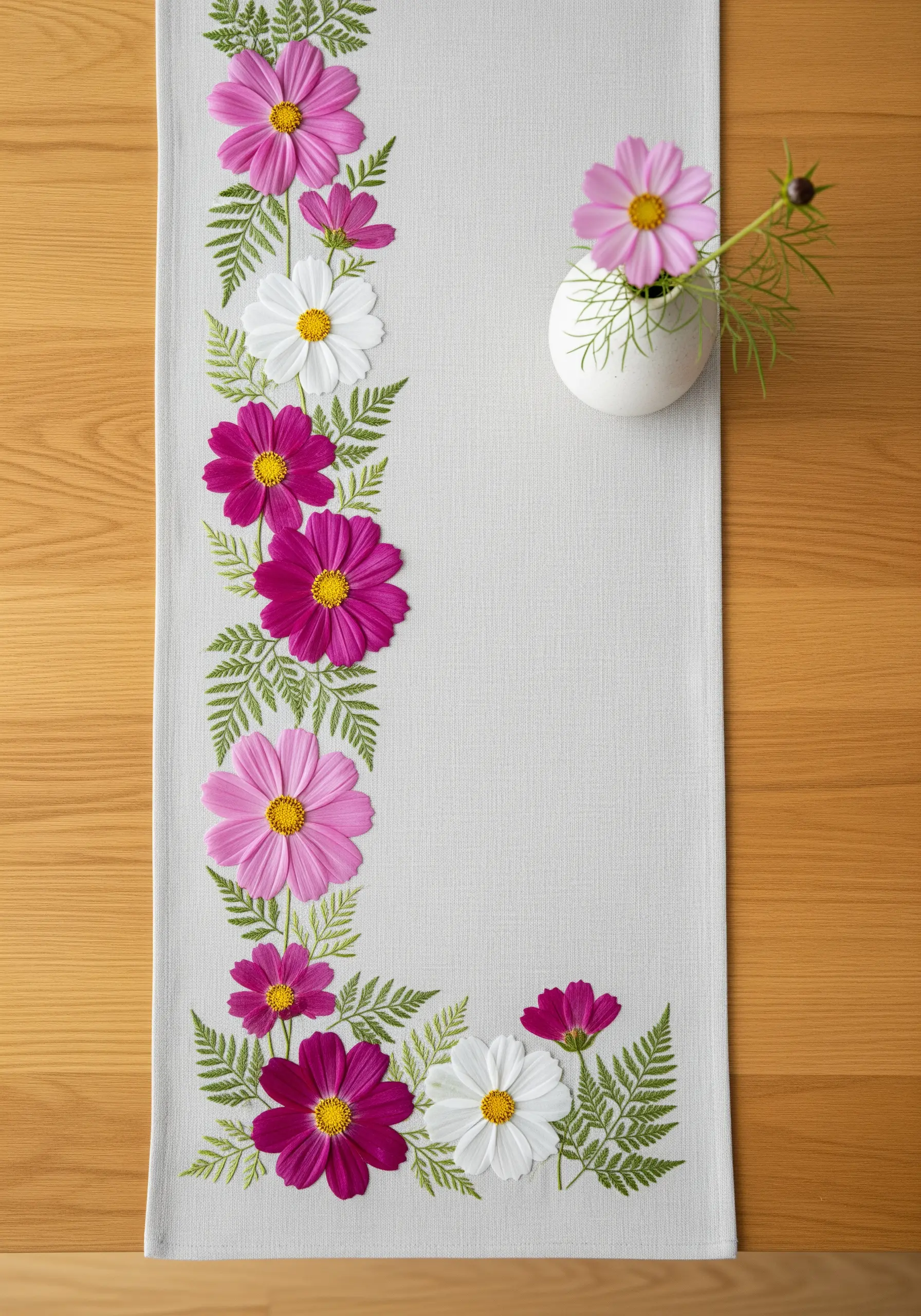 Detail of an embroidered table runner with pink and white cosmos flowers and fern leaves.