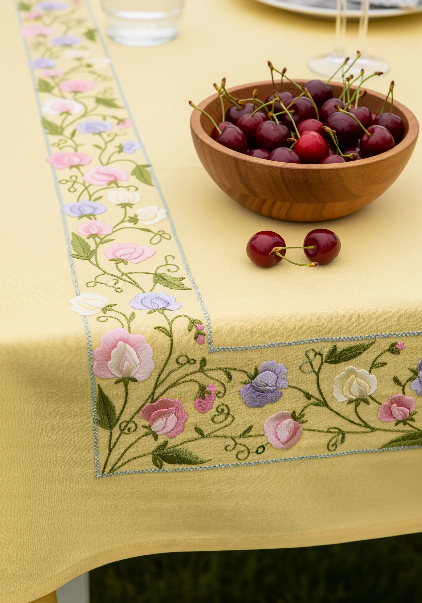 A yellow tablecloth with an embroidered border of pink, purple, and white sweet pea flowers.
