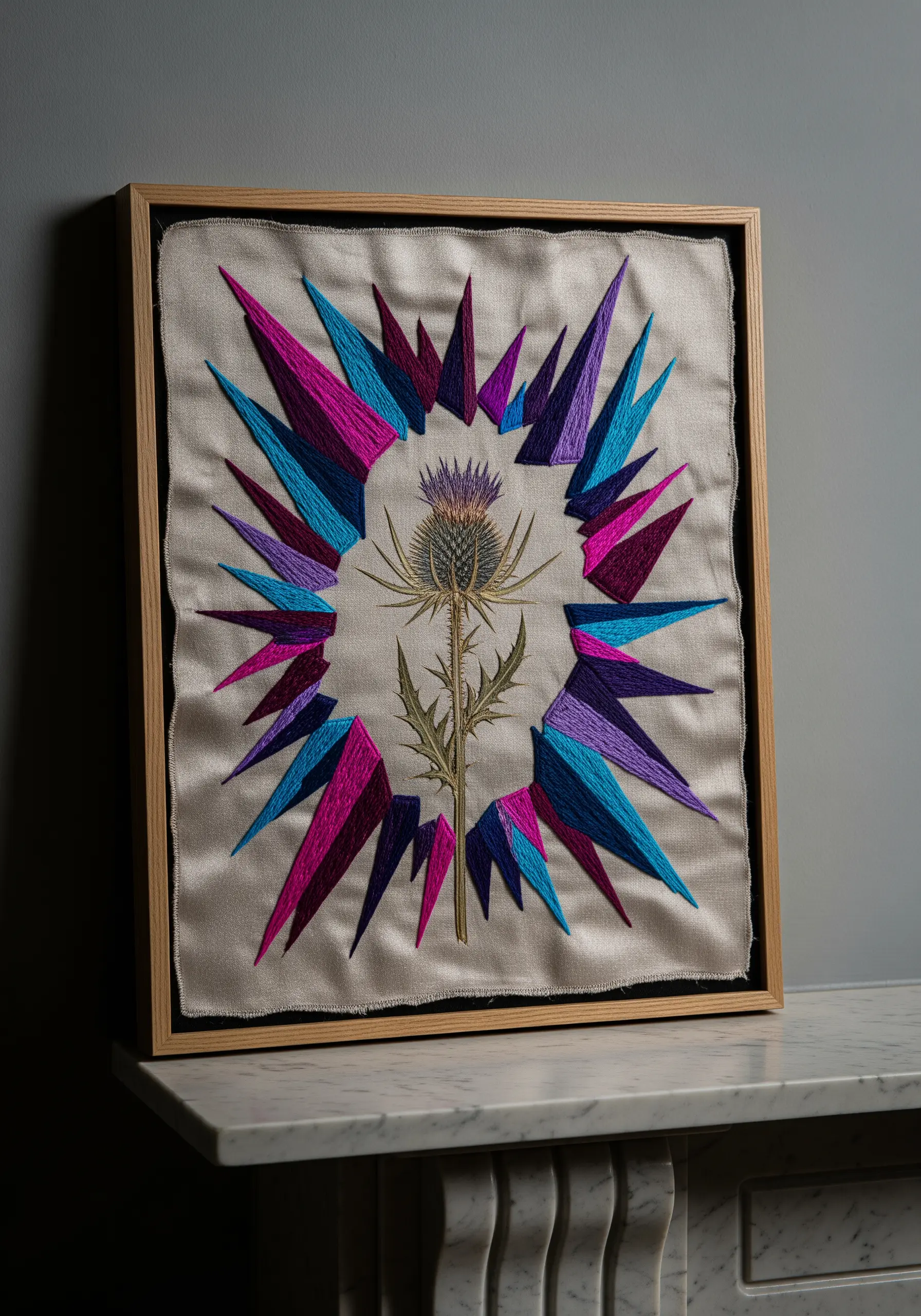 A pressed thistle at the center of an explosive frame of abstract geometric shards in pink, blue, and purple.