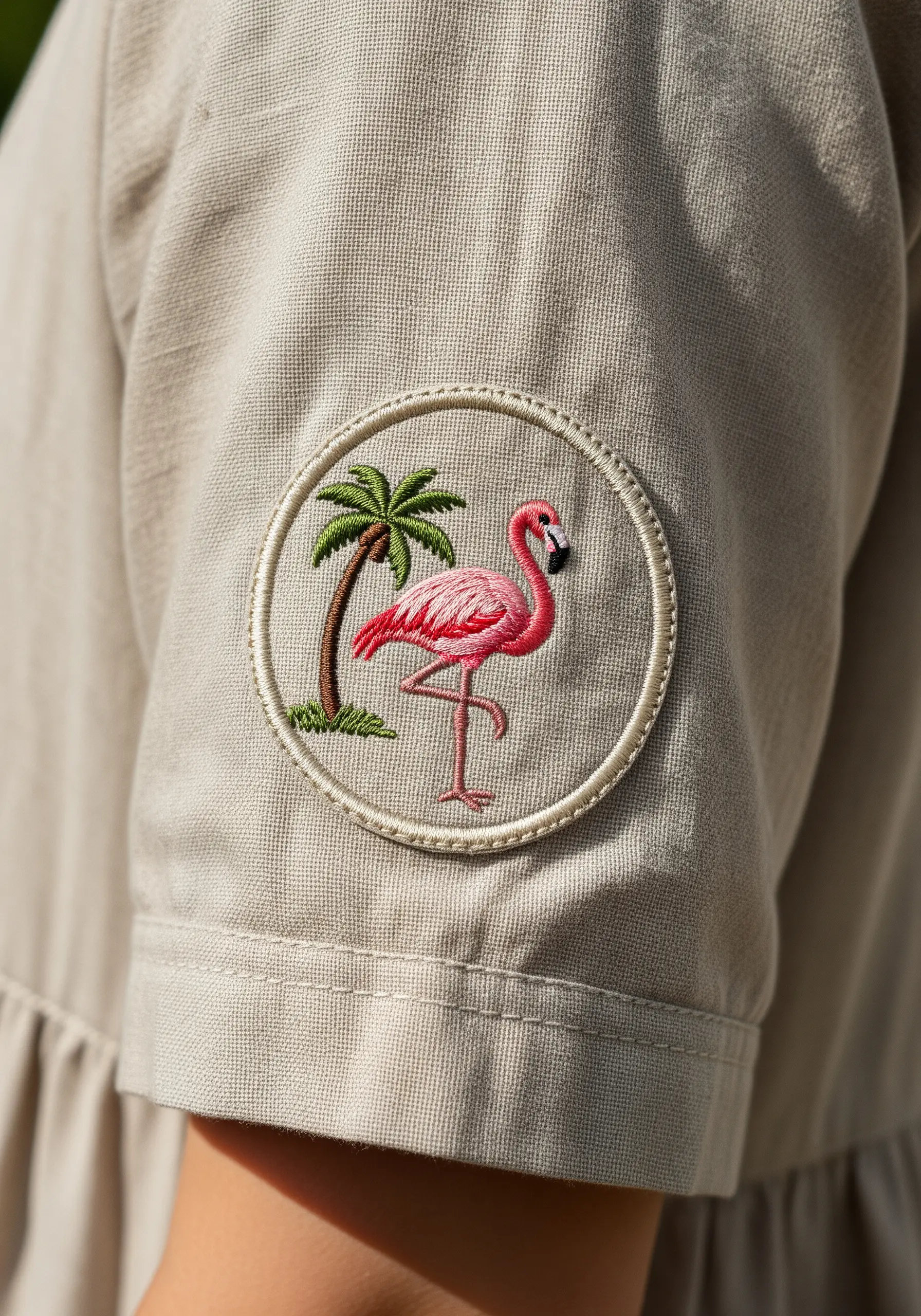 A circular embroidered patch on a sleeve, featuring a flamingo and a palm tree.