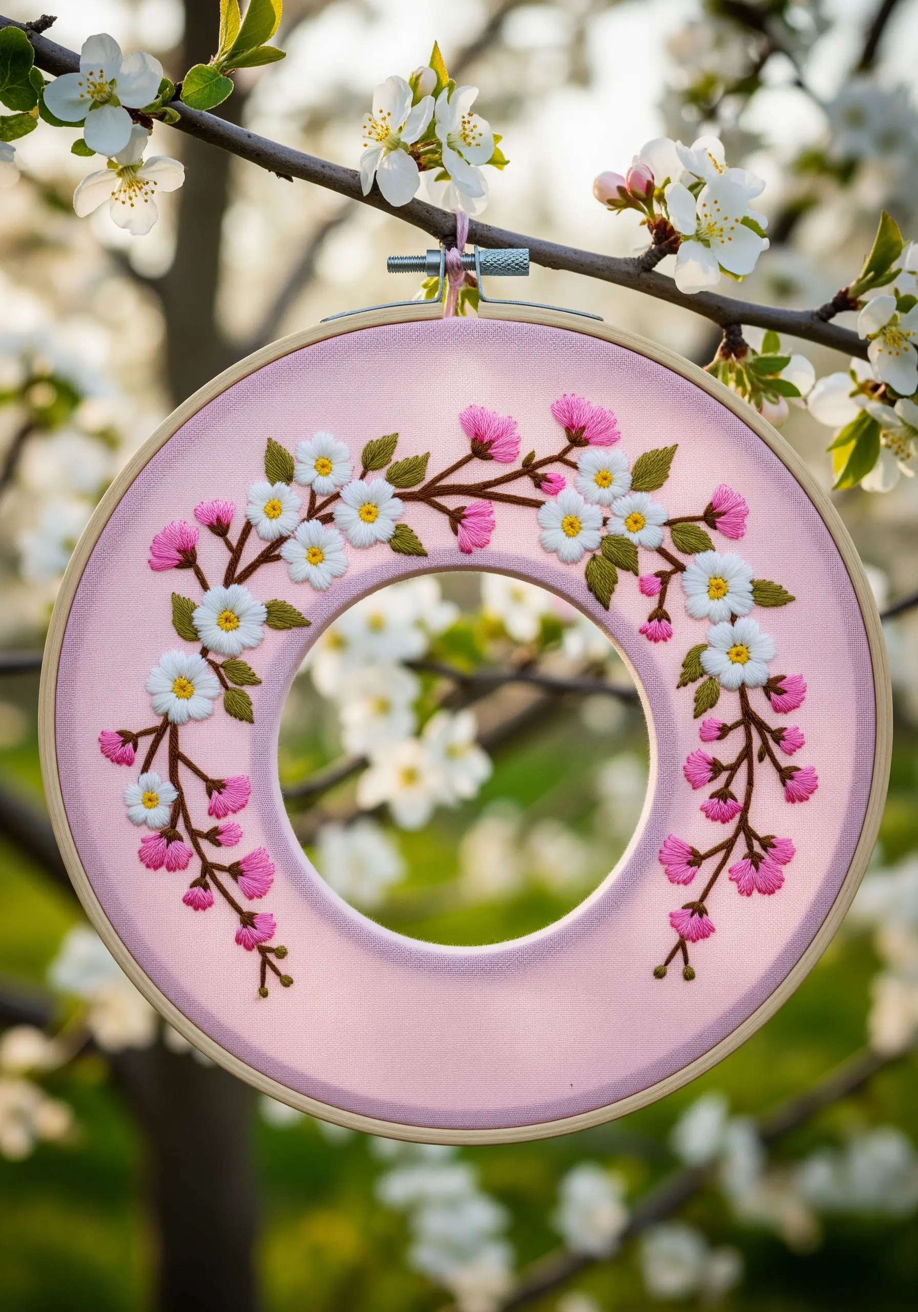 A cherry blossom wreath embroidered on pink fabric, with the center of the hoop empty.