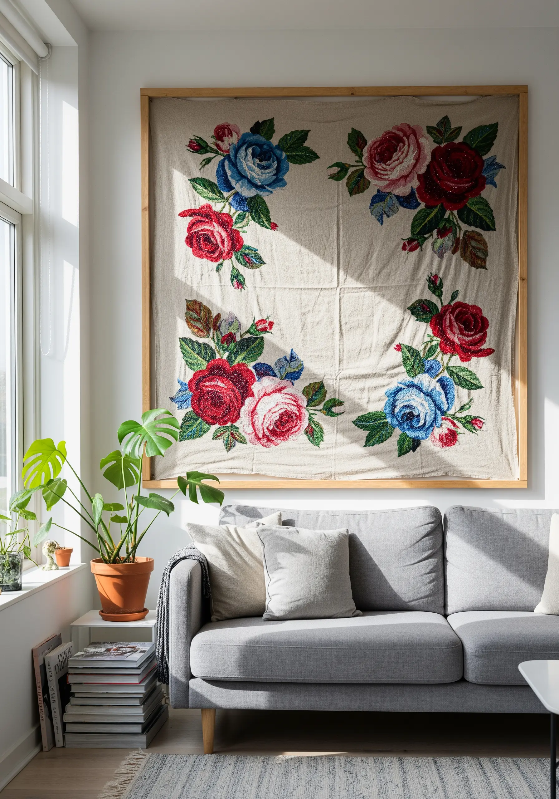 Large vintage tablecloth with red and blue embroidered roses framed as wall art.