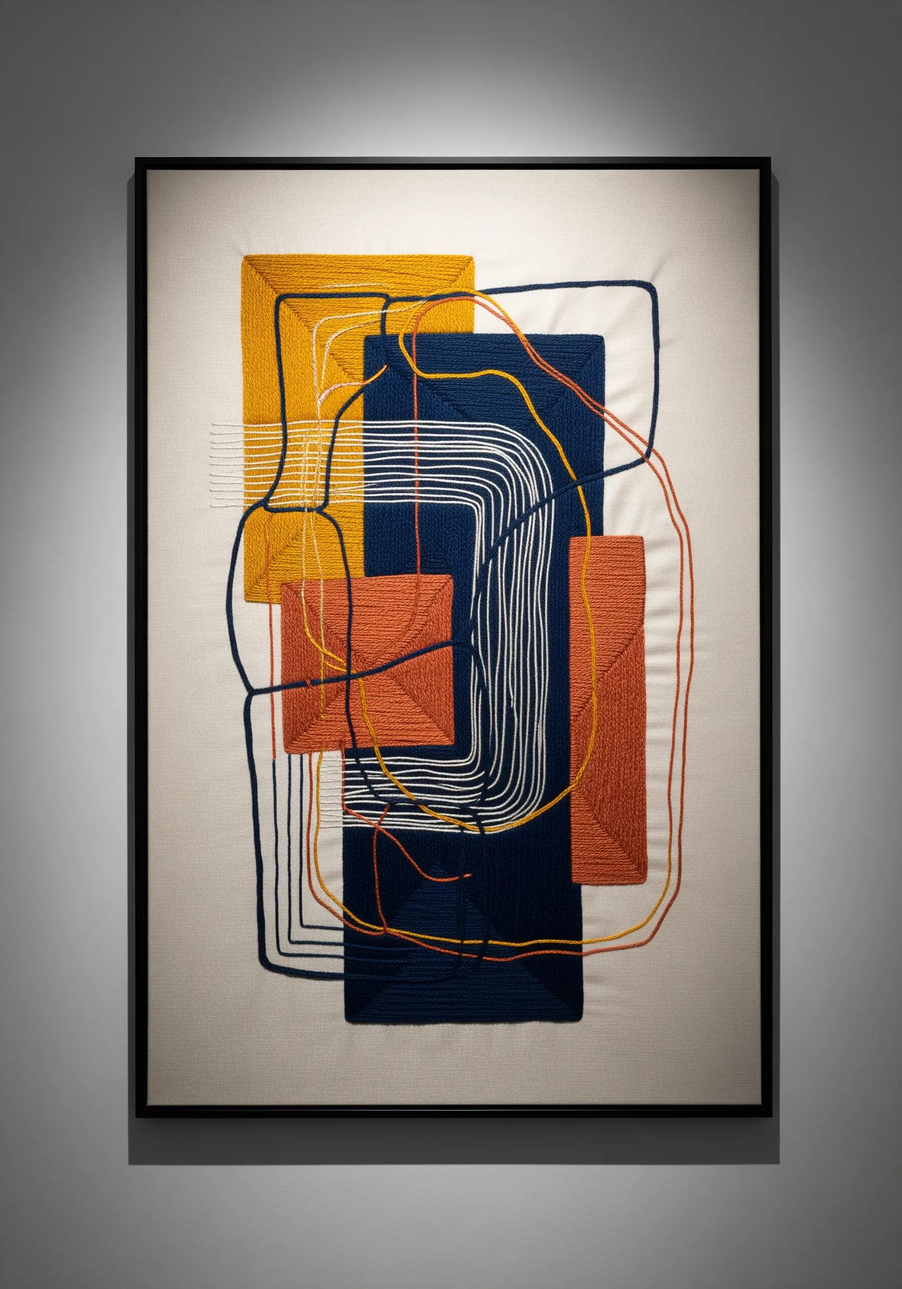A piece of abstract embroidery wall art with geometric shapes and intersecting lines.