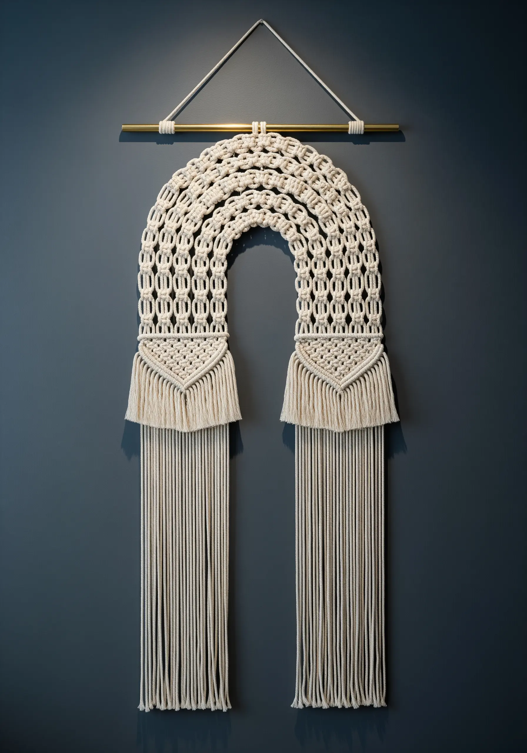 An architectural macrame wall hanging in an arch shape with long fringe, against a dark blue wall.
