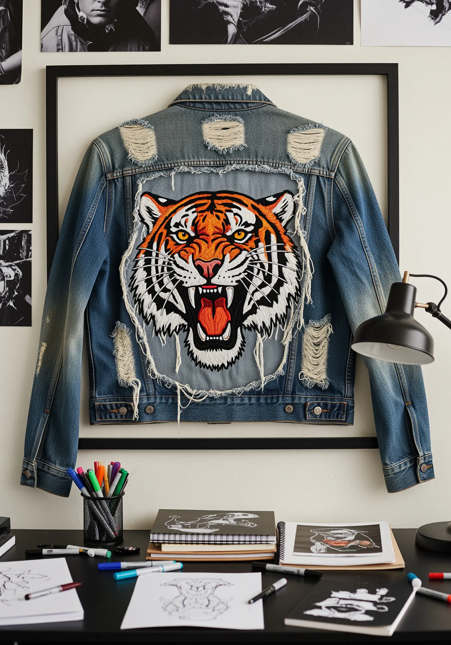 Distressed denim jacket with a large embroidered tiger on the back, mounted in a black frame.