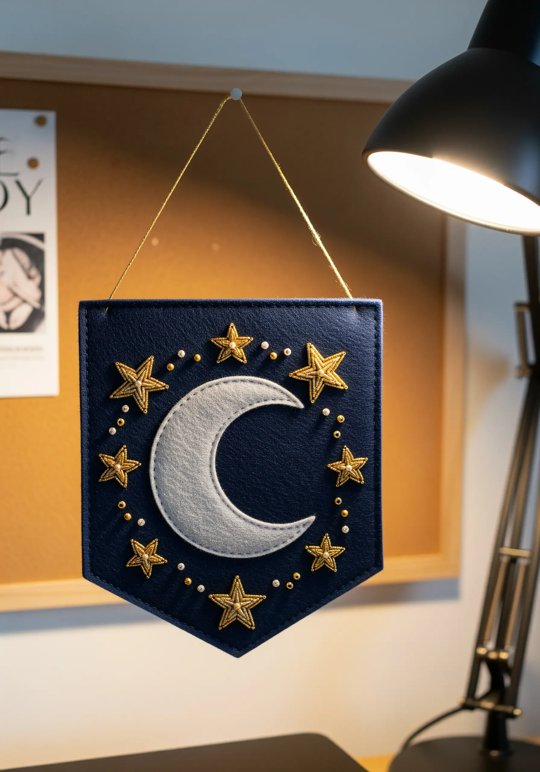 A navy blue felt pennant decorated with a felt moon, gold embroidered stars, and beads.