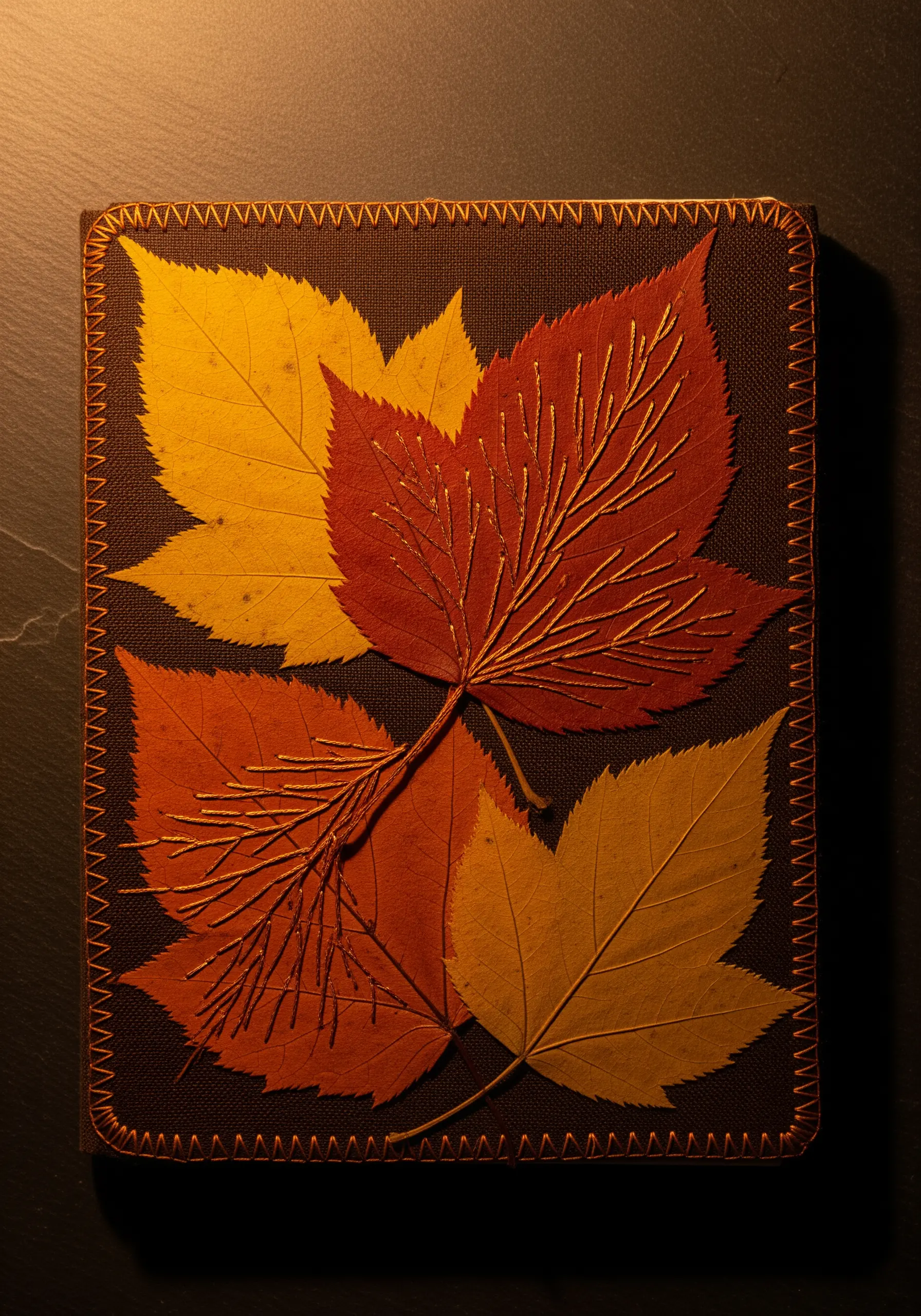 Pressed autumn leaves in warm tones framed by an orange zigzag stitch border.