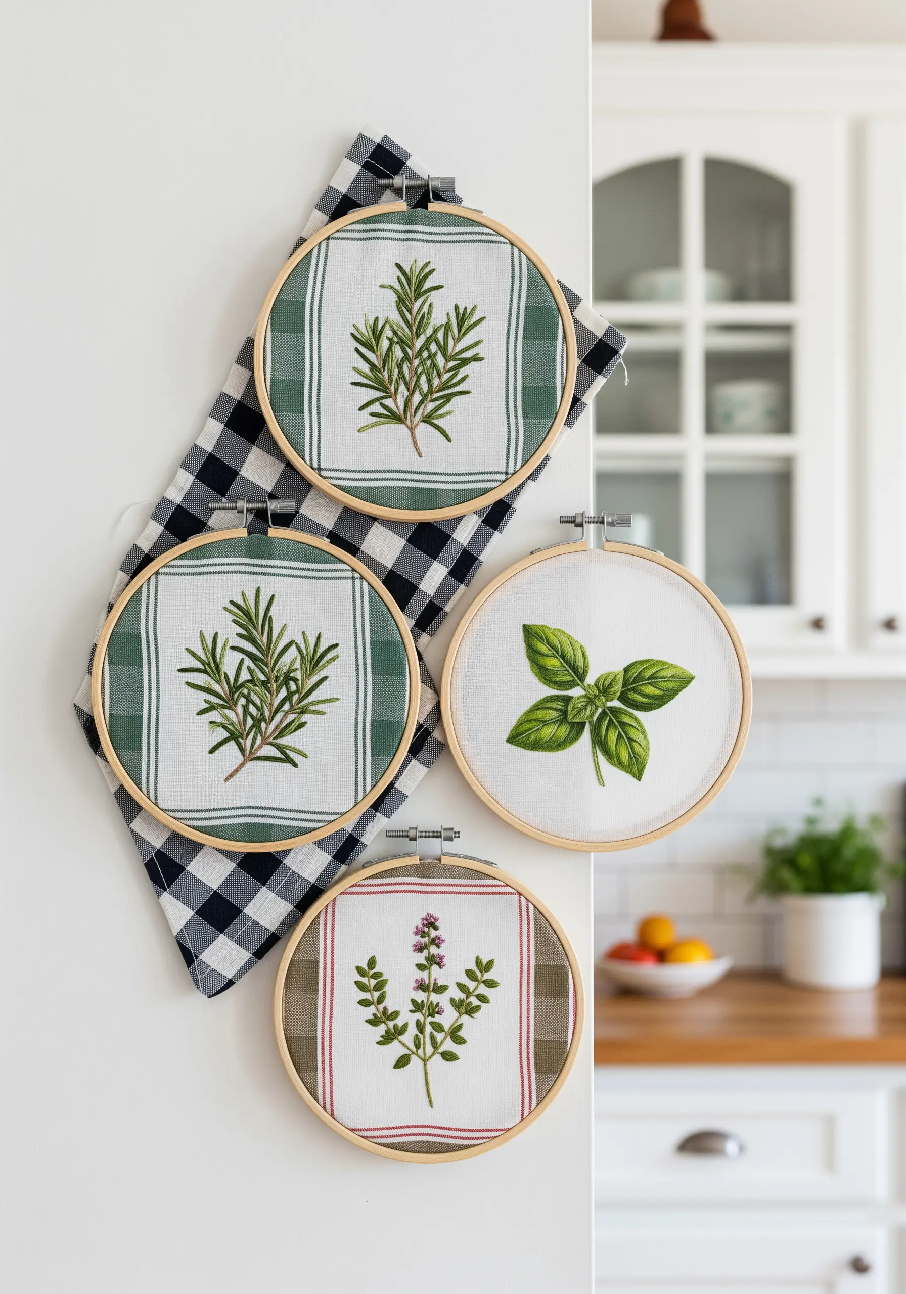 Embroidered herbs like rosemary and basil stitched on patterned kitchen towels in hoops.