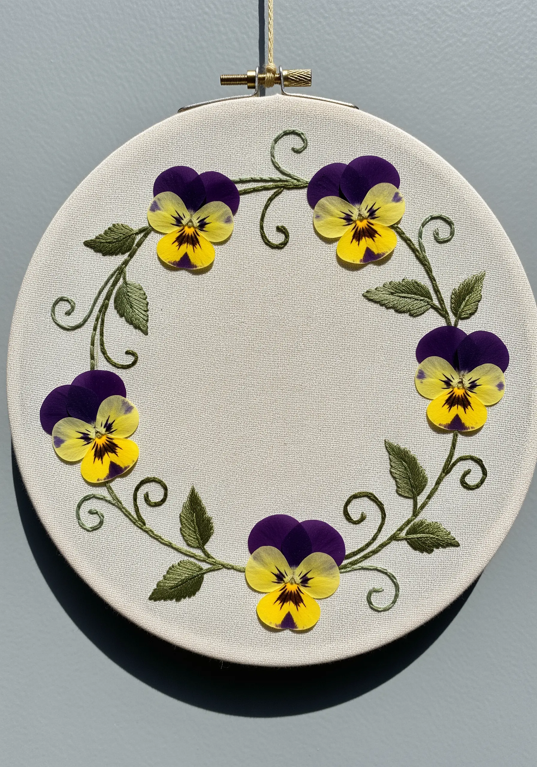 Embroidered pansy wreath with pressed flowers on neutral fabric.
