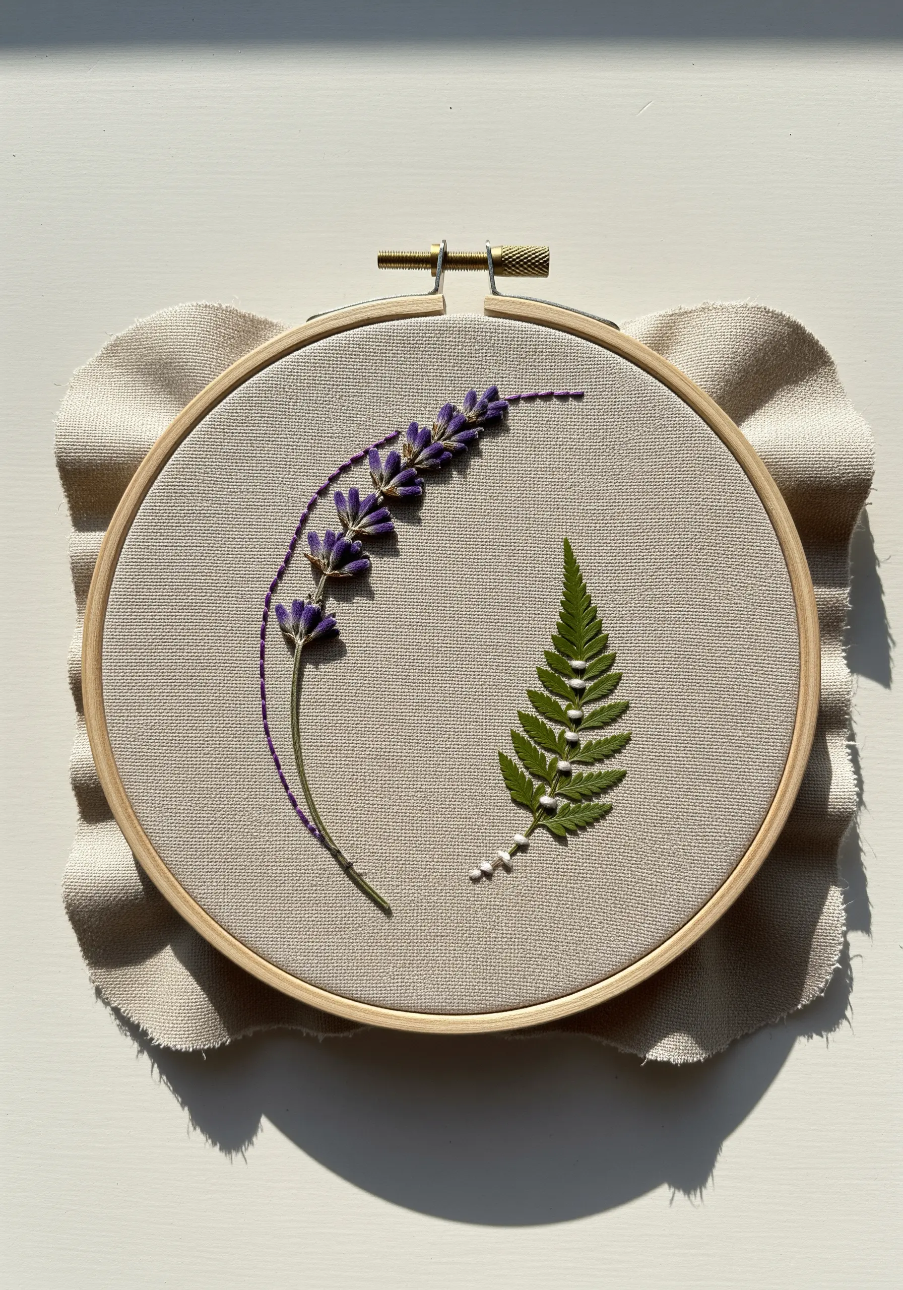 Pressed lavender and fern in a hoop, accented with purple and white embroidery stitches.