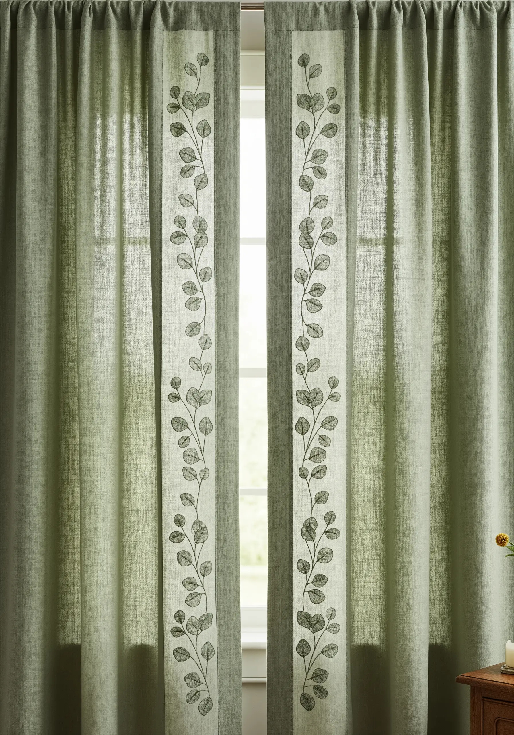 A delicate eucalyptus vine embroidered along the inner edge of sage green curtains.