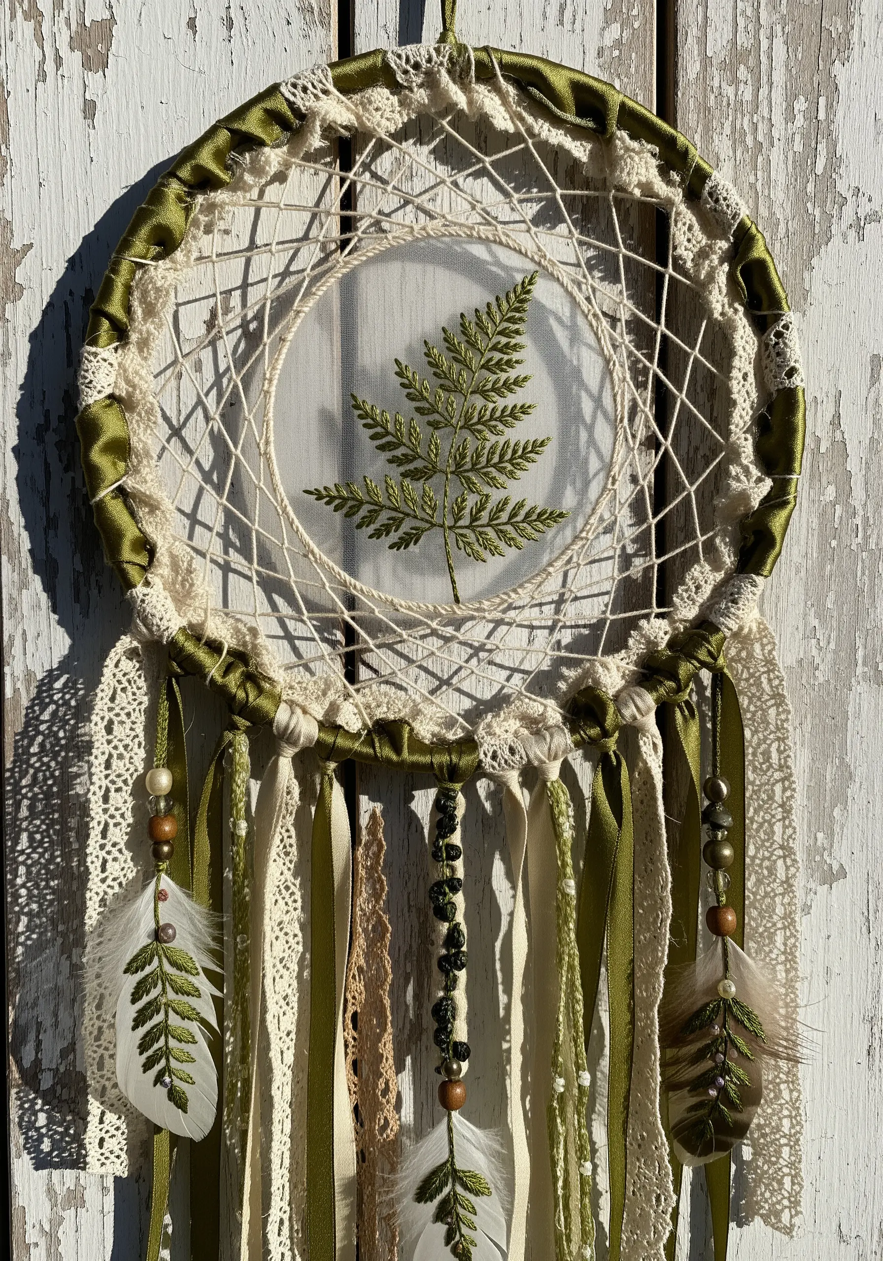 Dreamcatcher with a fern embroidered on sheer fabric in the center.