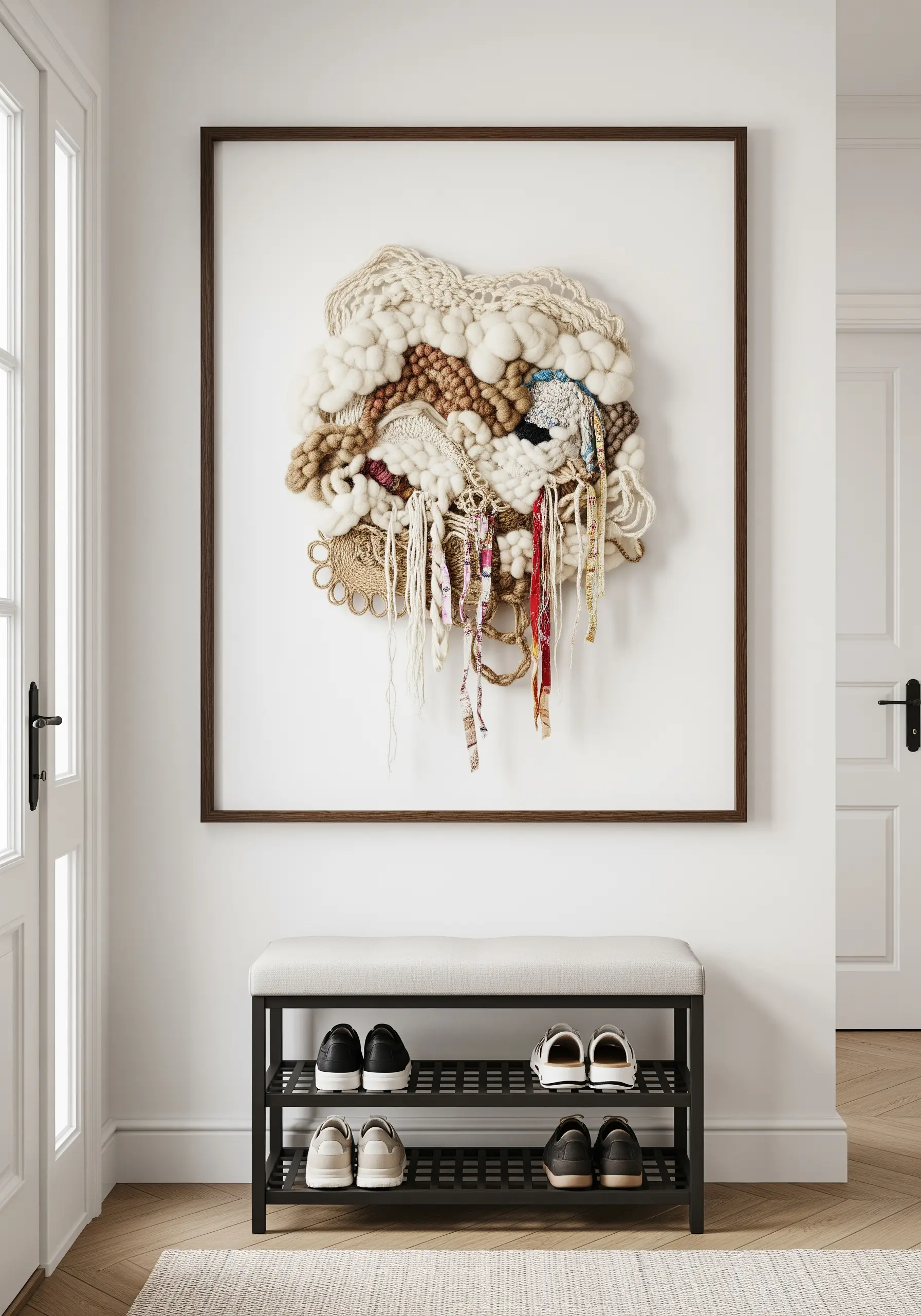 A highly textured, freeform woven piece mounted and displayed in a deep wooden frame.