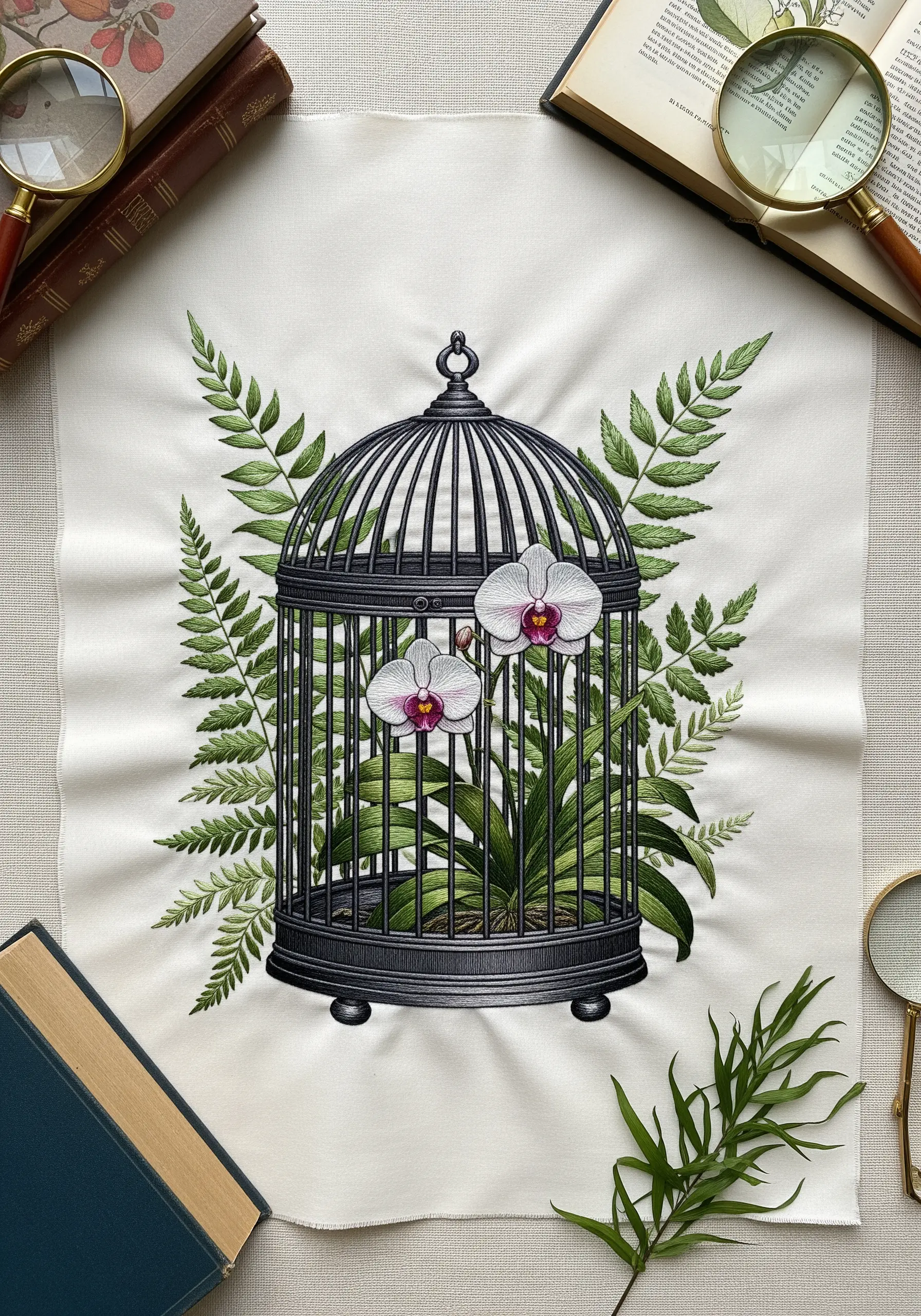Embroidered white orchids and green ferns inside a detailed, vintage-style birdcage