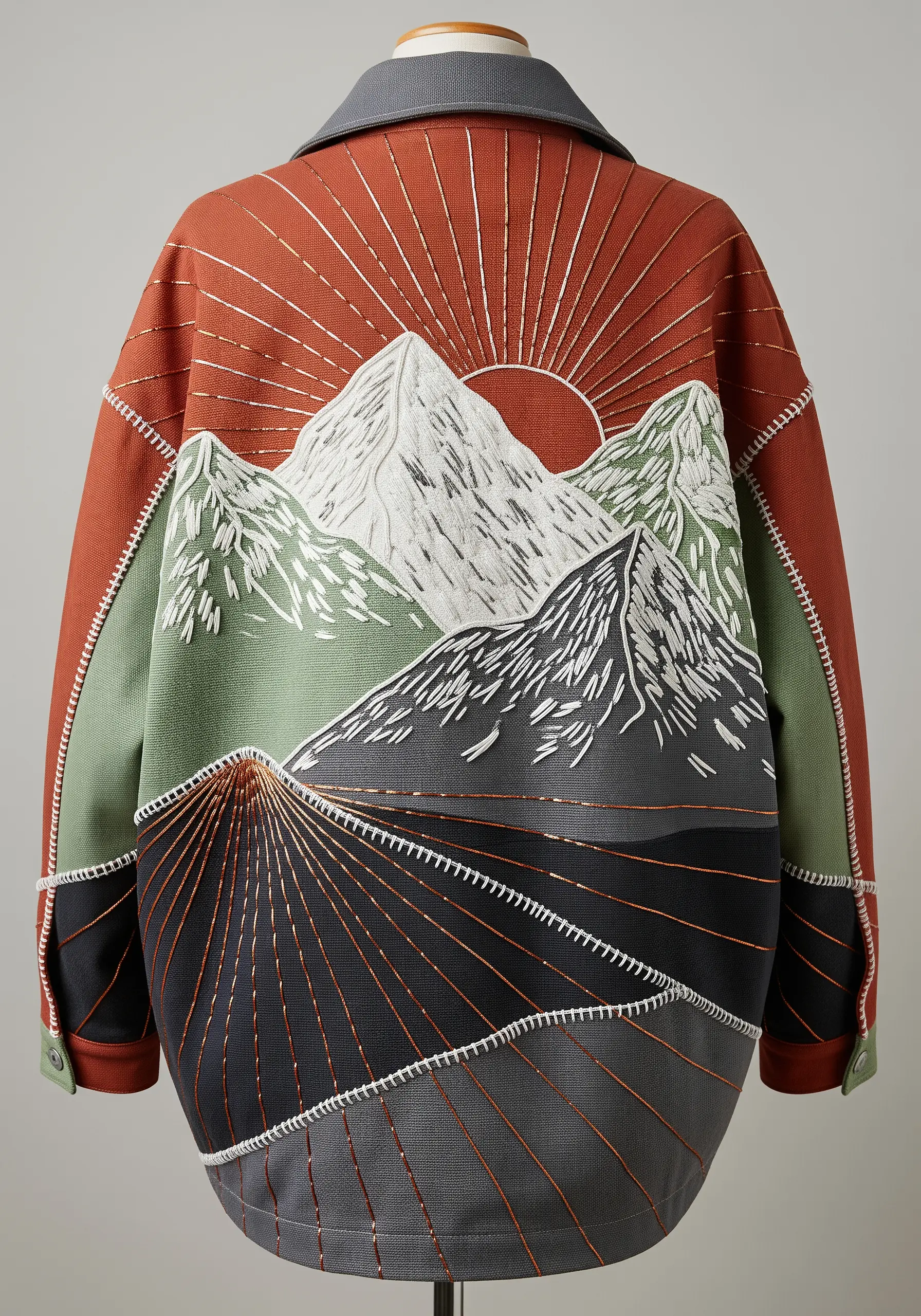 Embroidered jacket back with a mountain scene, appliqué panels, and metallic thread sun rays.