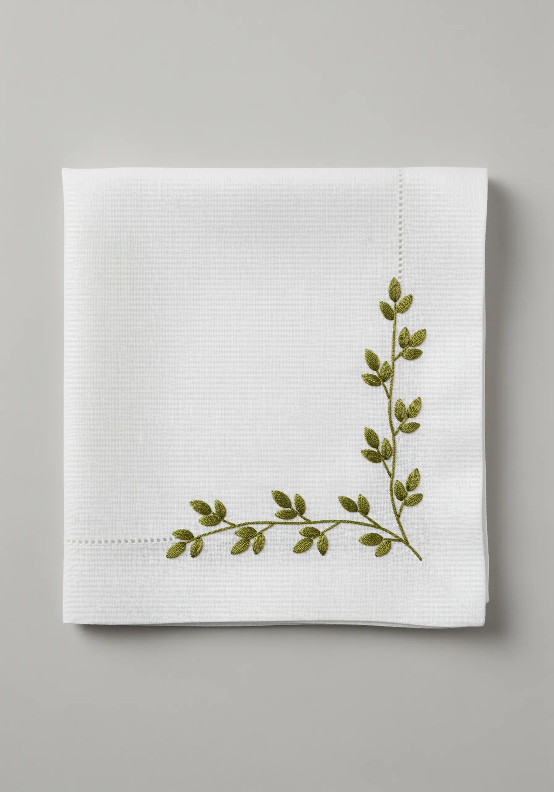 A green embroidered vine with leaves stitched into the corner of a white linen napkin.