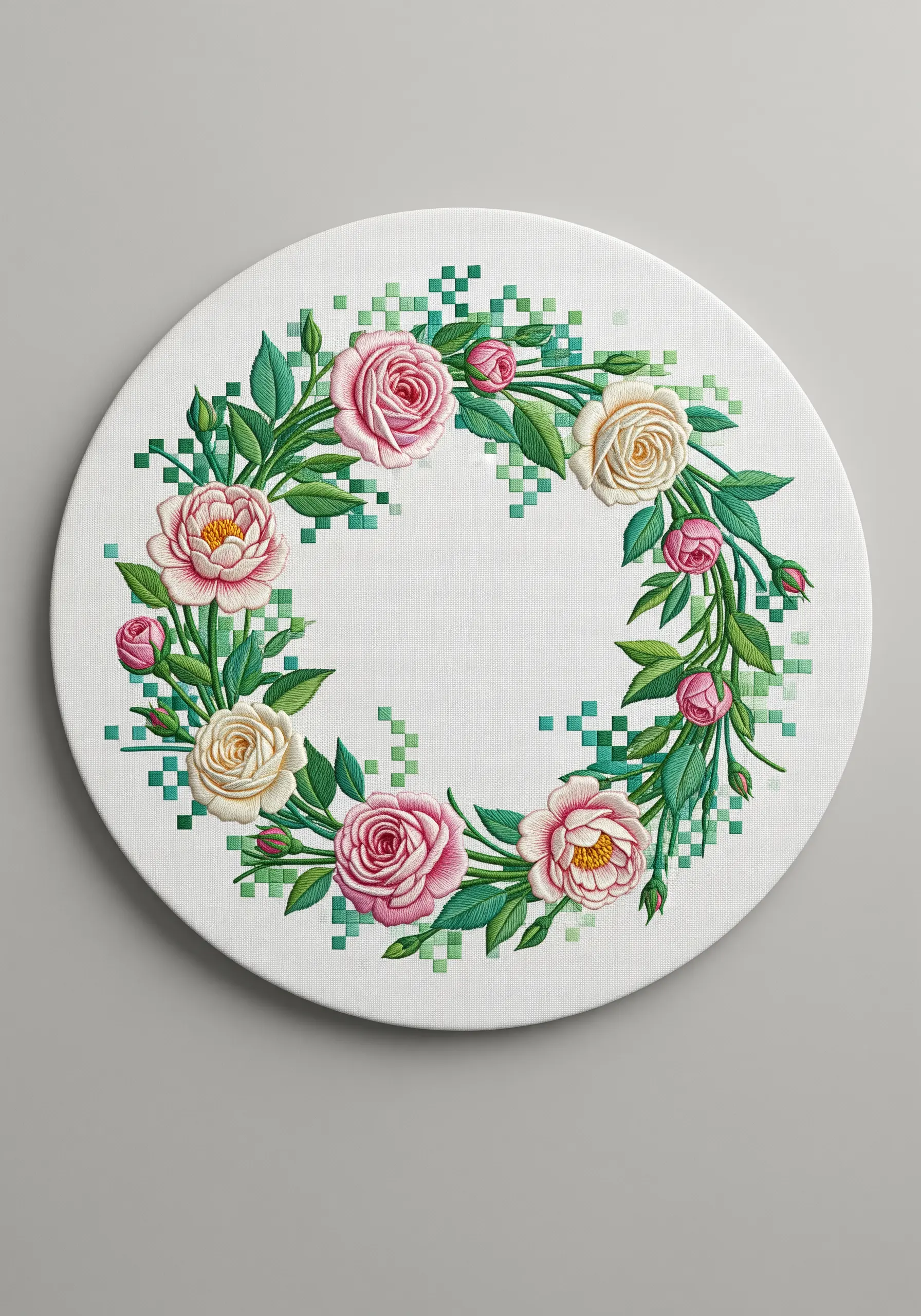 An elegant embroidered floral wreath with green pixelated squares dissolving around it.