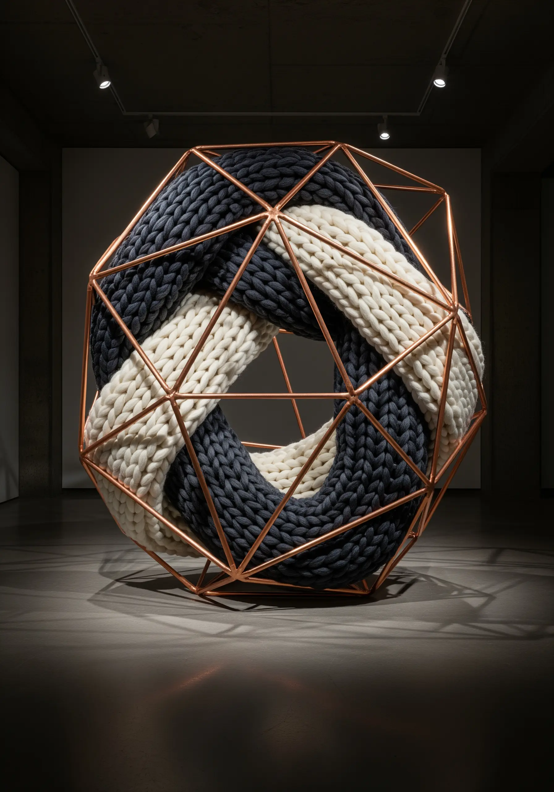 A large, chunky knit form of black and white yarn woven through a geometric copper frame.