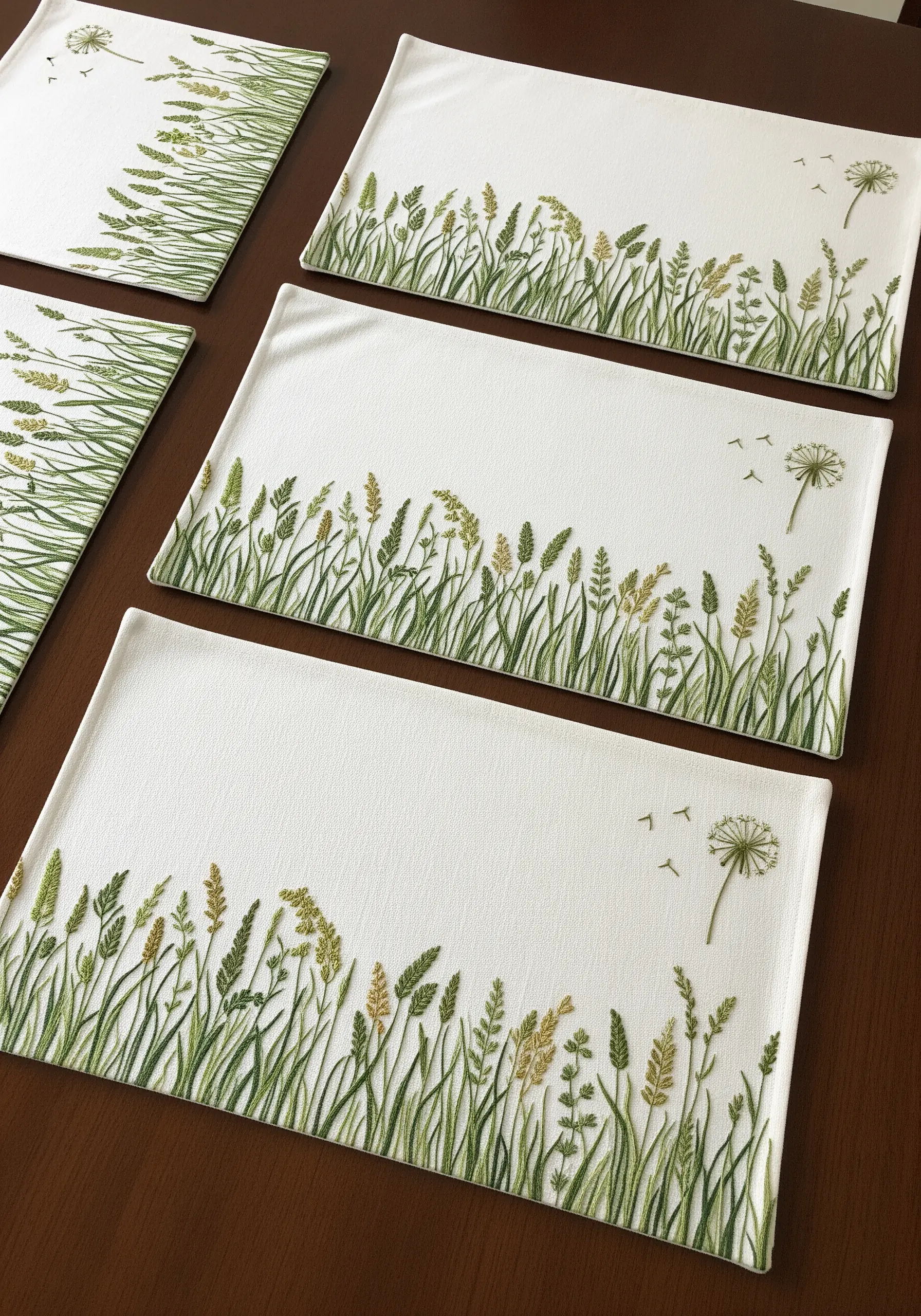 Set of white placemats with a dense border of green and gold wildgrass embroidery.