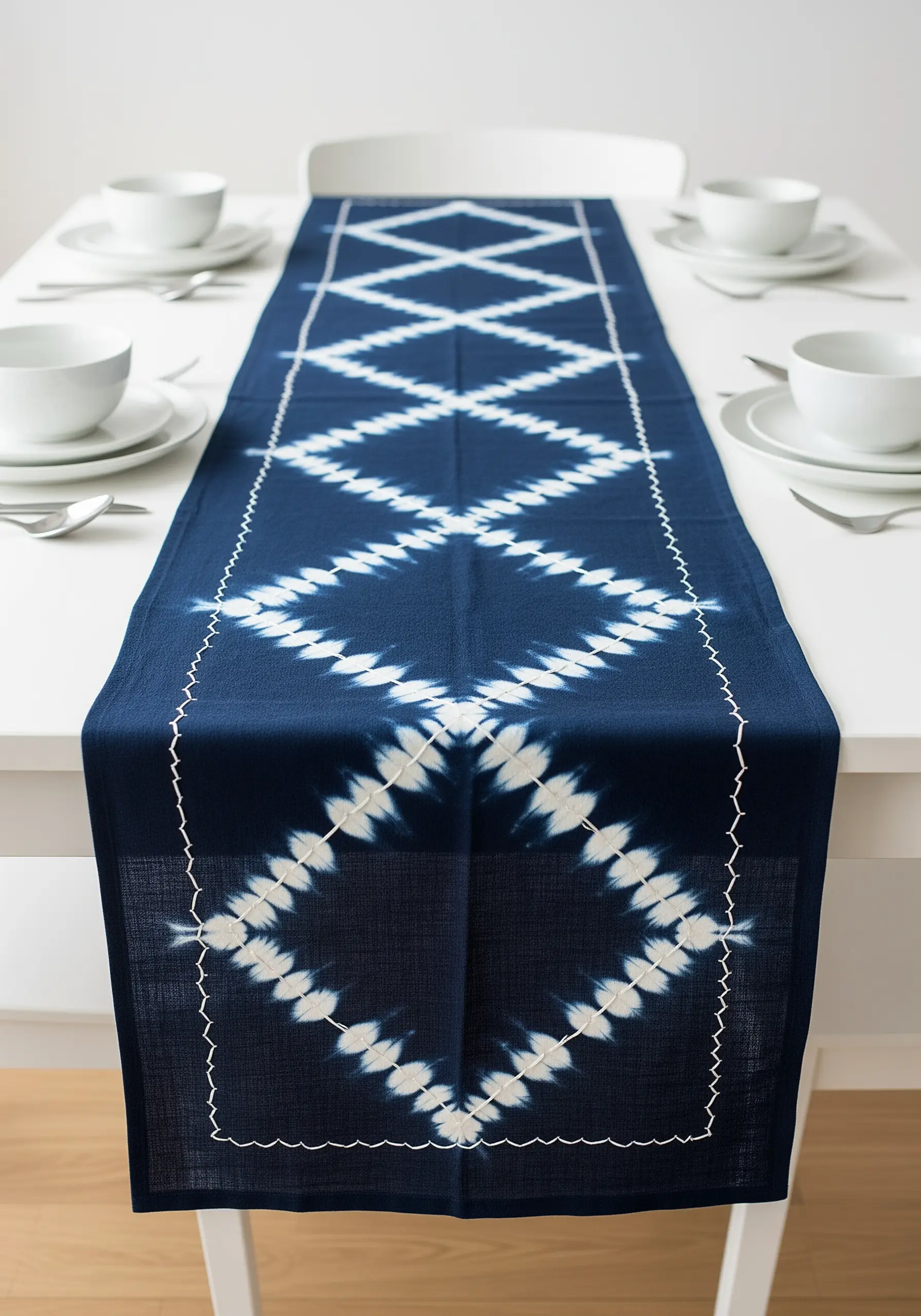 A shibori-dyed indigo table runner with a simple white stitched border.