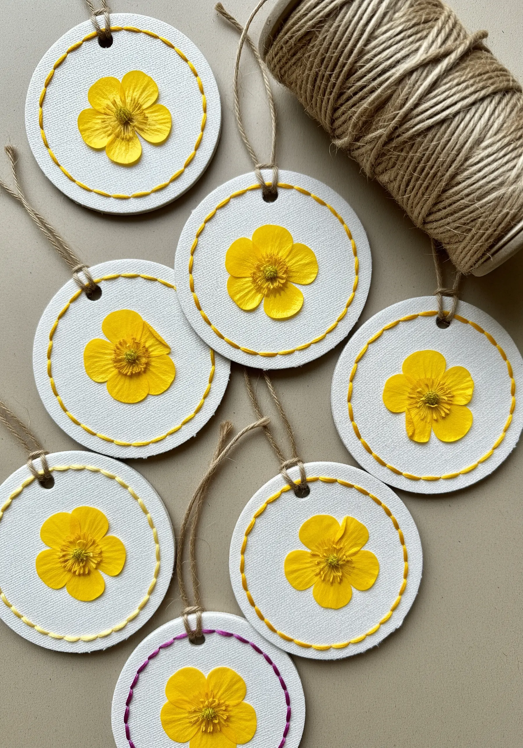 Round paper gift tags, each with a single pressed buttercup and a simple embroidered border.
