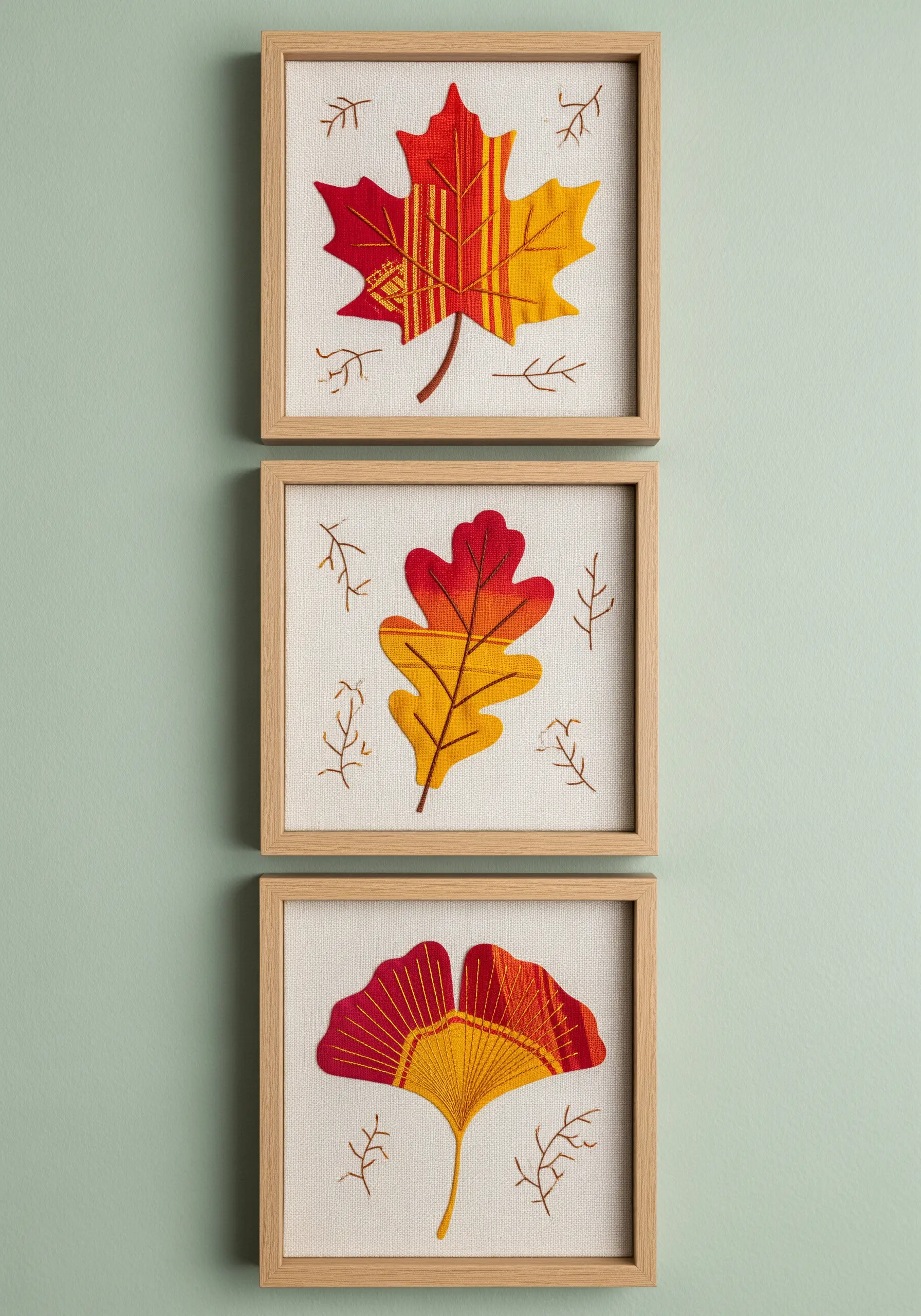 Triptych of framed autumn leaves made from appliqué fabric with simple embroidered branches.