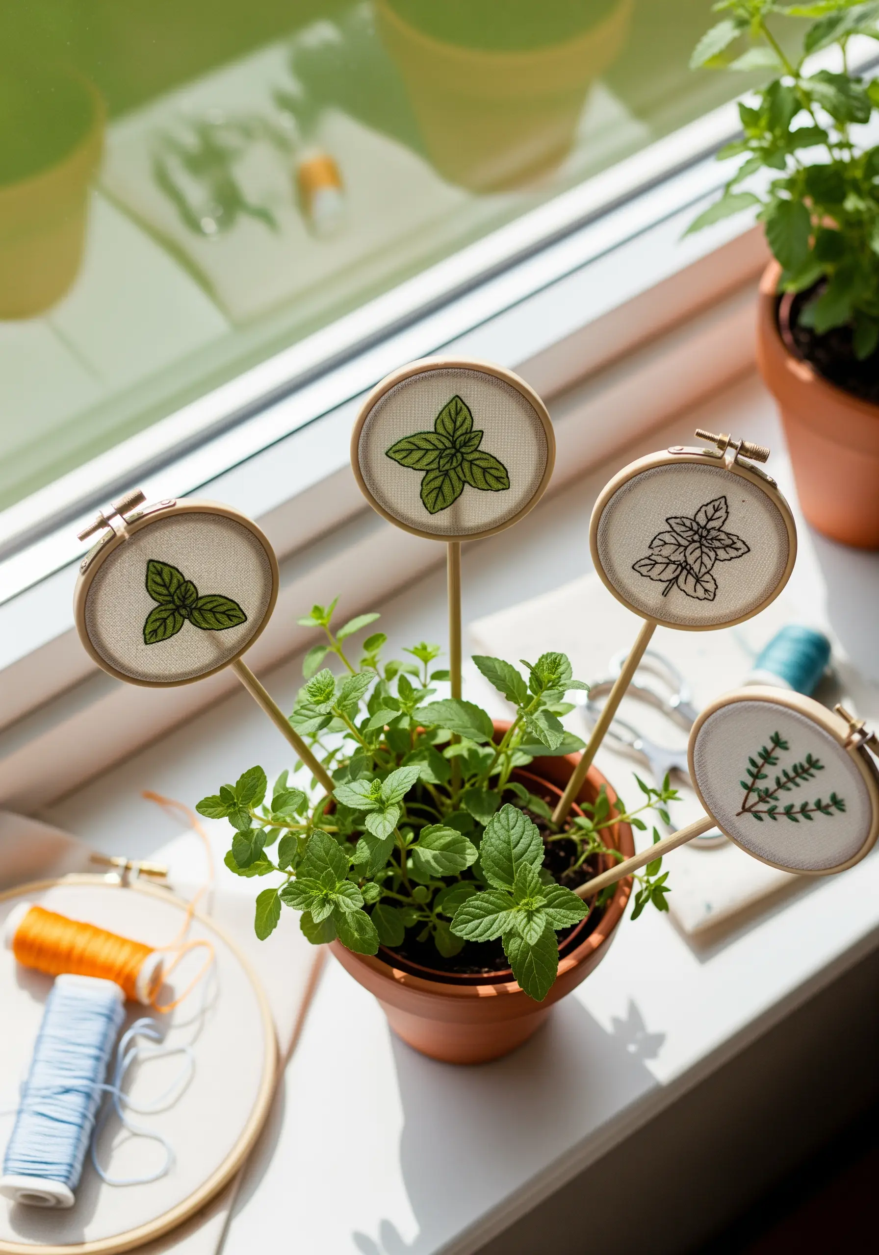 Tiny embroidery hoops with stitched herb leaves, attached to stakes as plant markers.