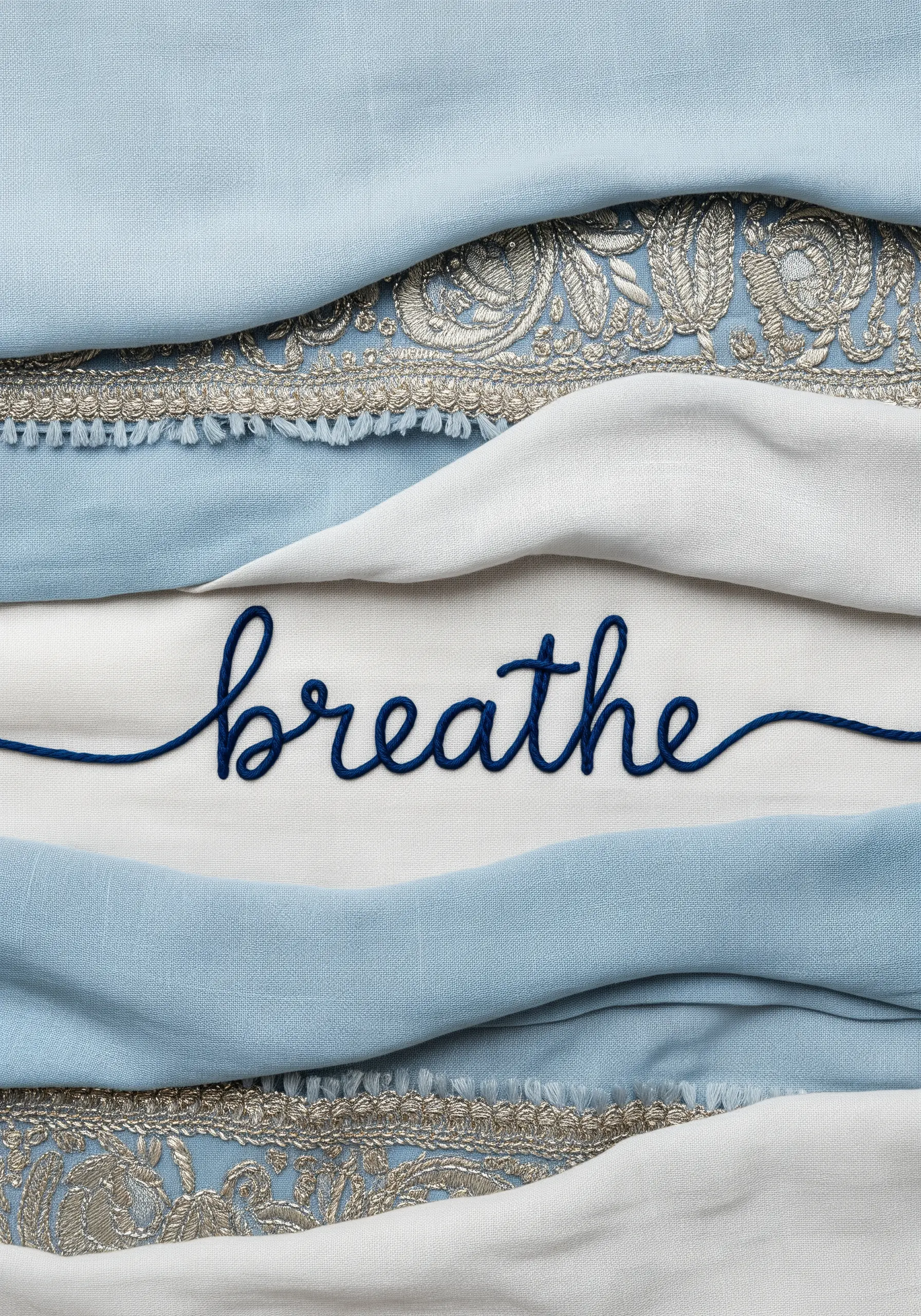 The word 'breathe' embroidered in blue script, framed by soft folds of blue and white linen and a saree border.