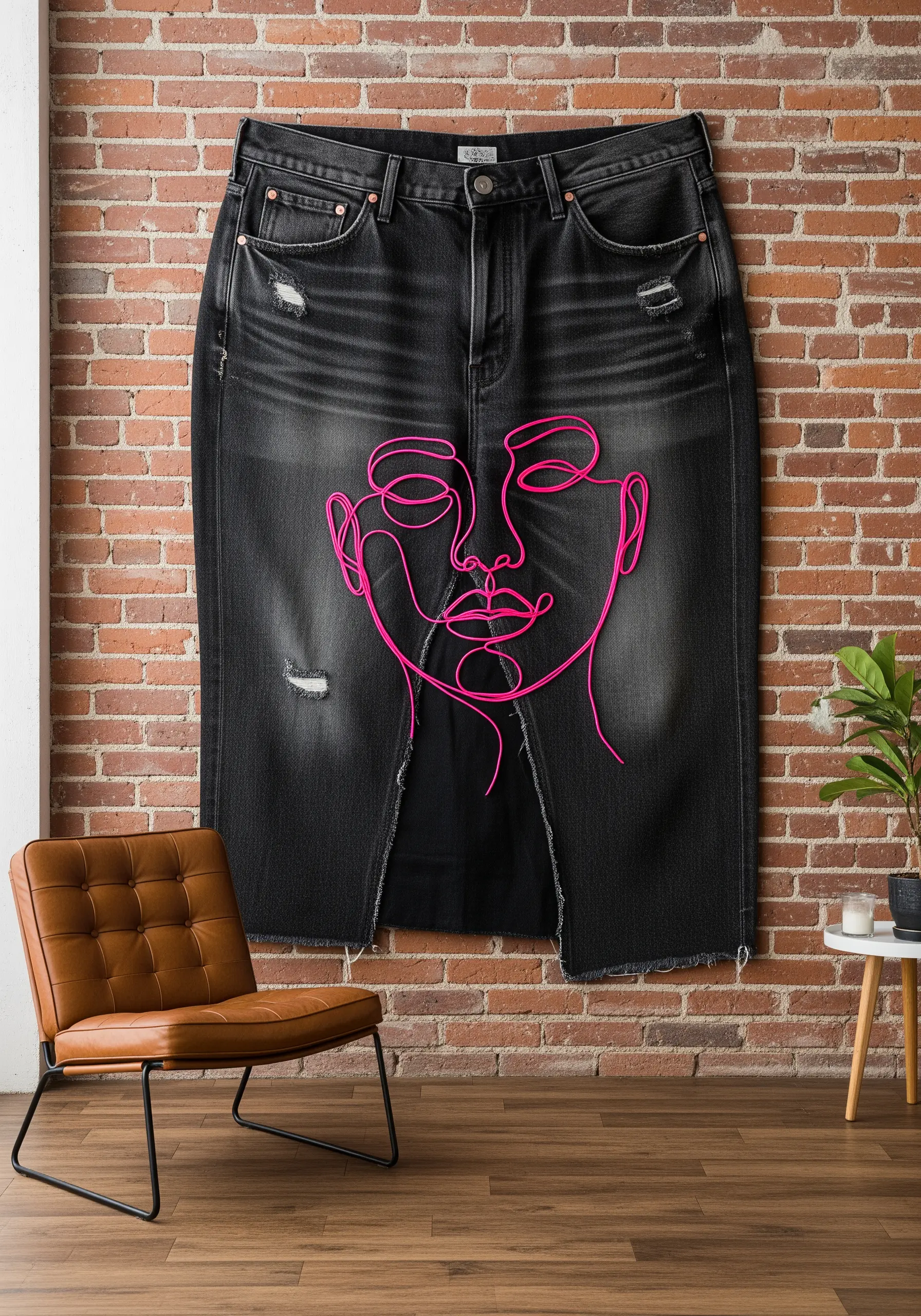 Black denim skirt mounted as wall art with a neon pink embroidered line art face.