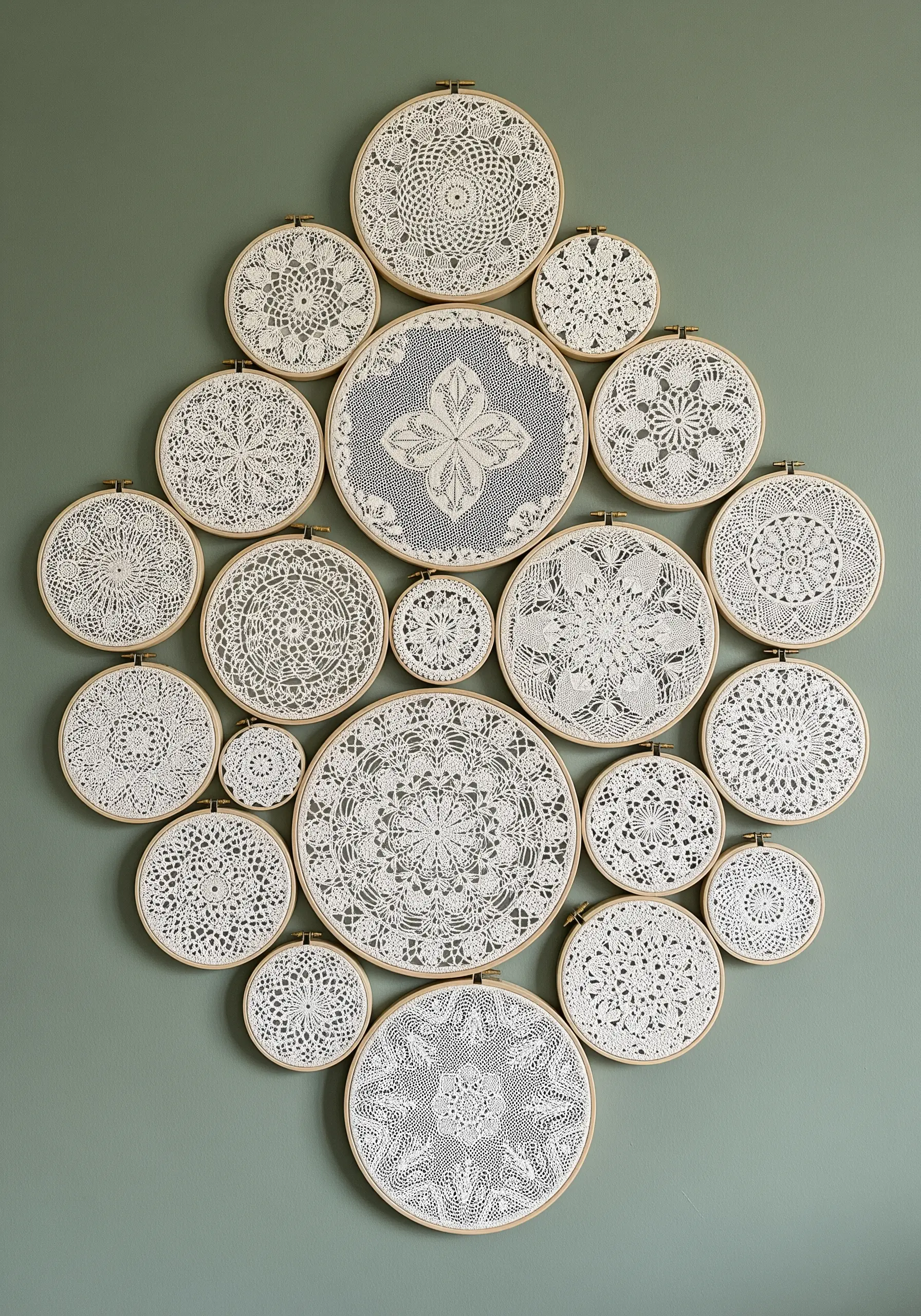Wall display of vintage crochet doilies in wooden hoops