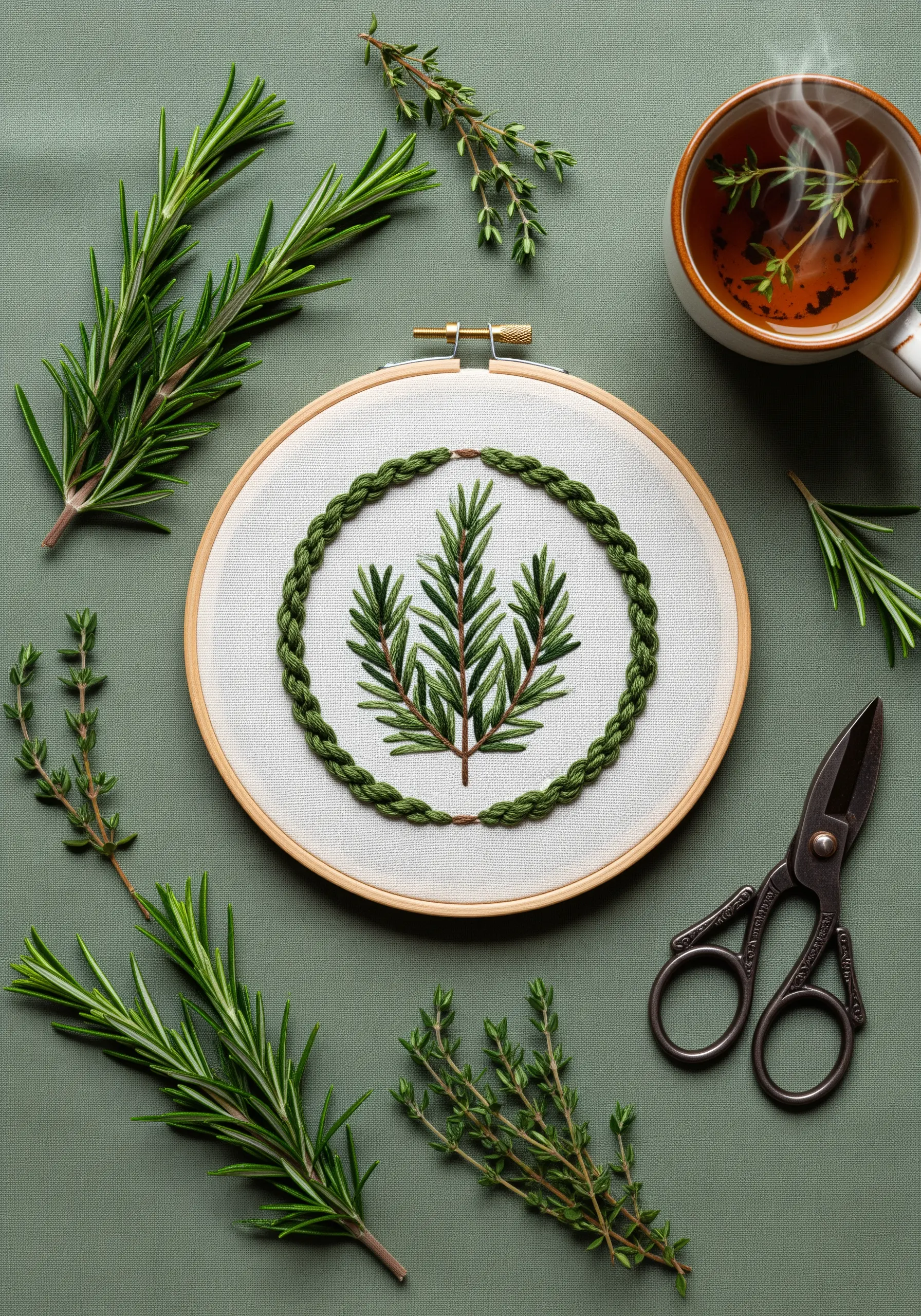 An embroidered rosemary sprig framed by a green braided stitch border in a hoop.