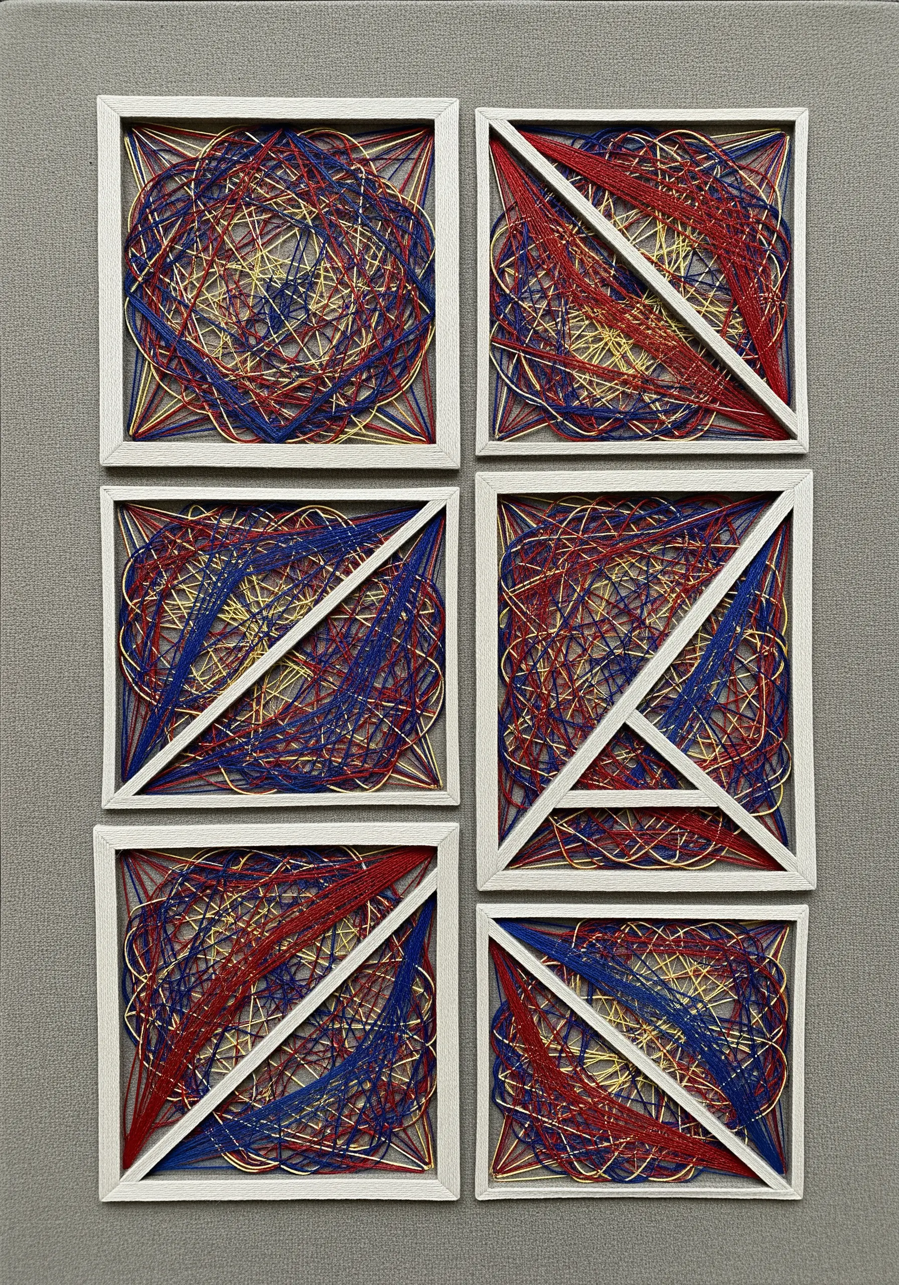 Six framed squares of overlapping red, blue, and yellow string art in geometric patterns