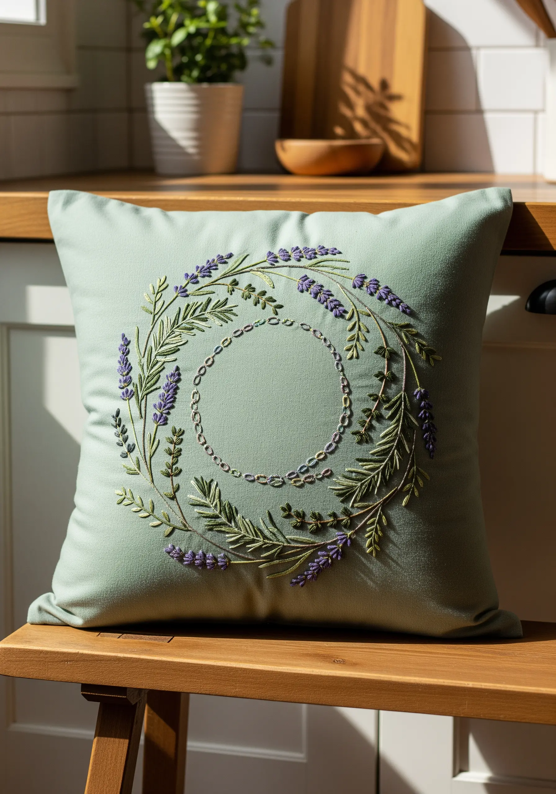 A delicate embroidered wreath of lavender and rosemary on a sage green cushion.