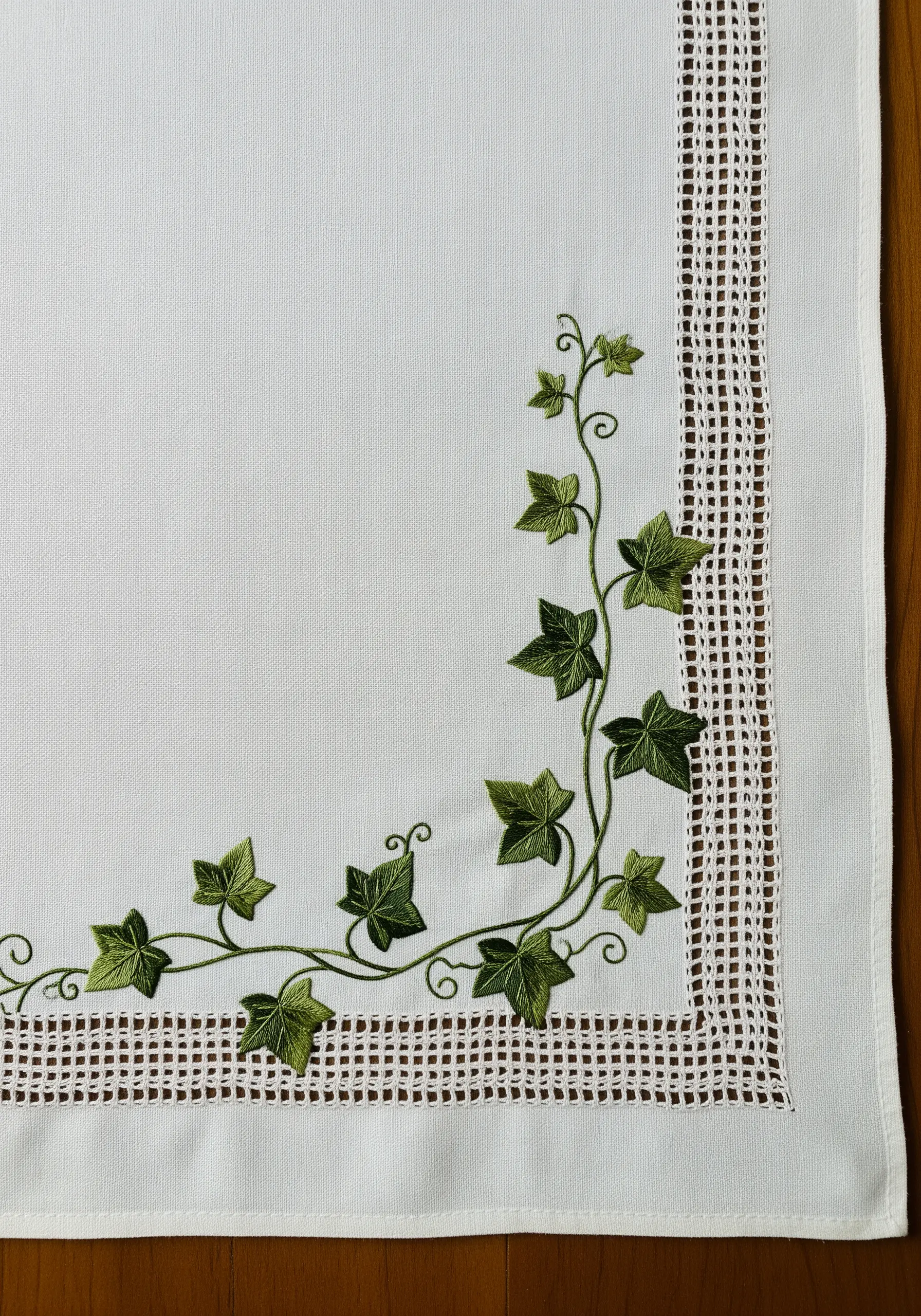 An embroidered ivy corner on white linen, framed by a delicate border of drawn thread work.