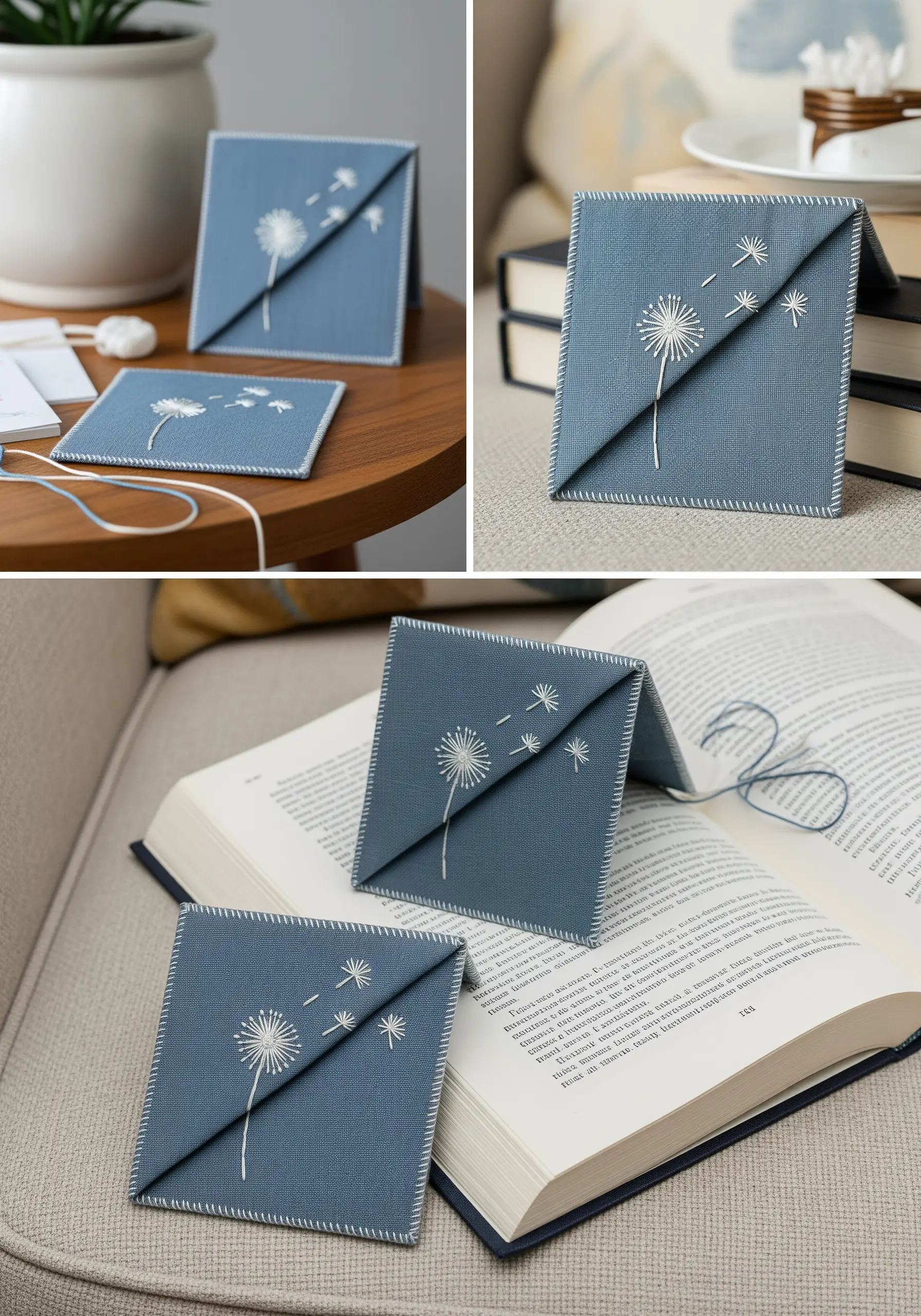 A blue fabric corner bookmark with a white embroidered dandelion and a decorative border stitch.