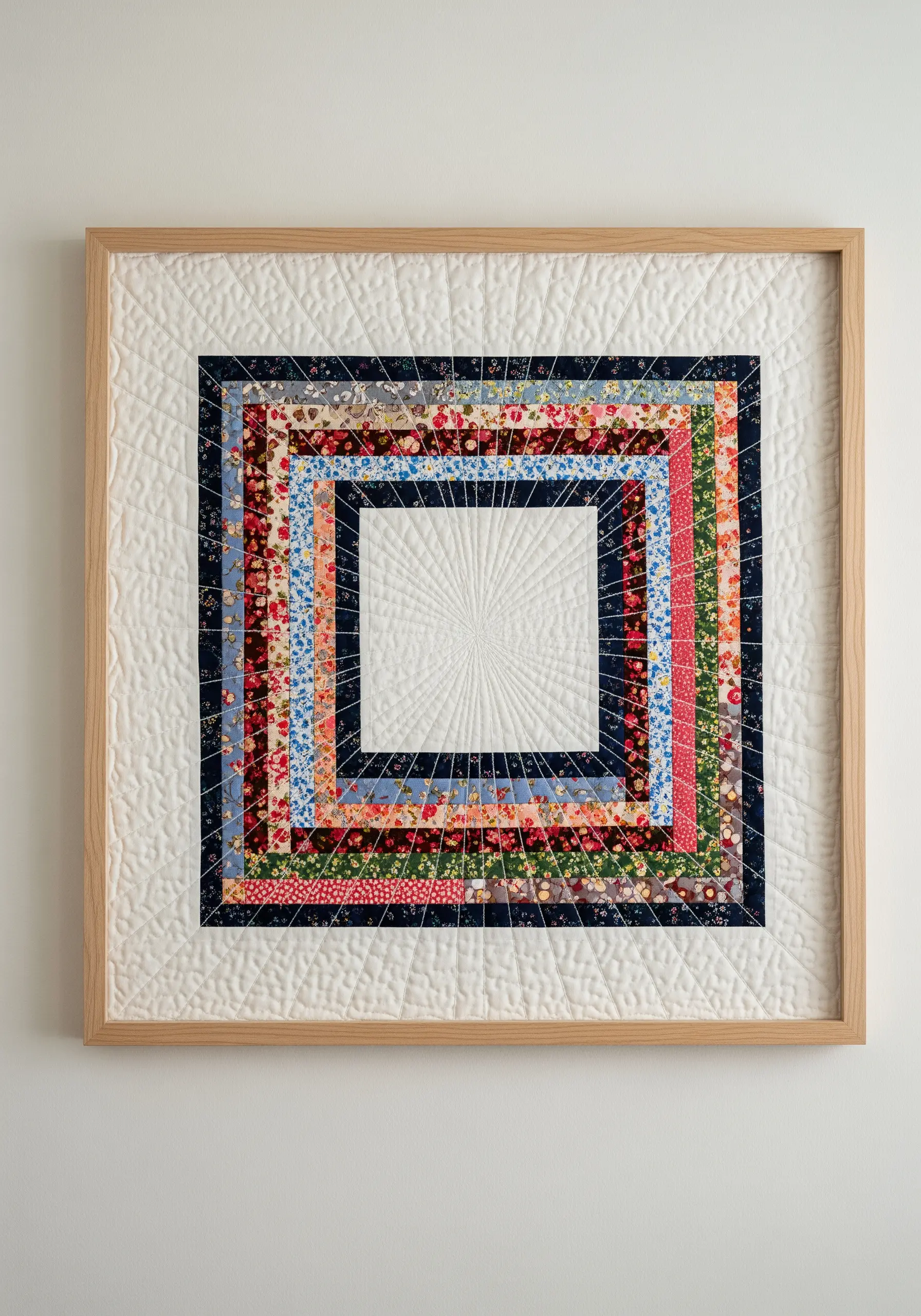 A framed quilt with concentric squares of fabric and white echo quilting.