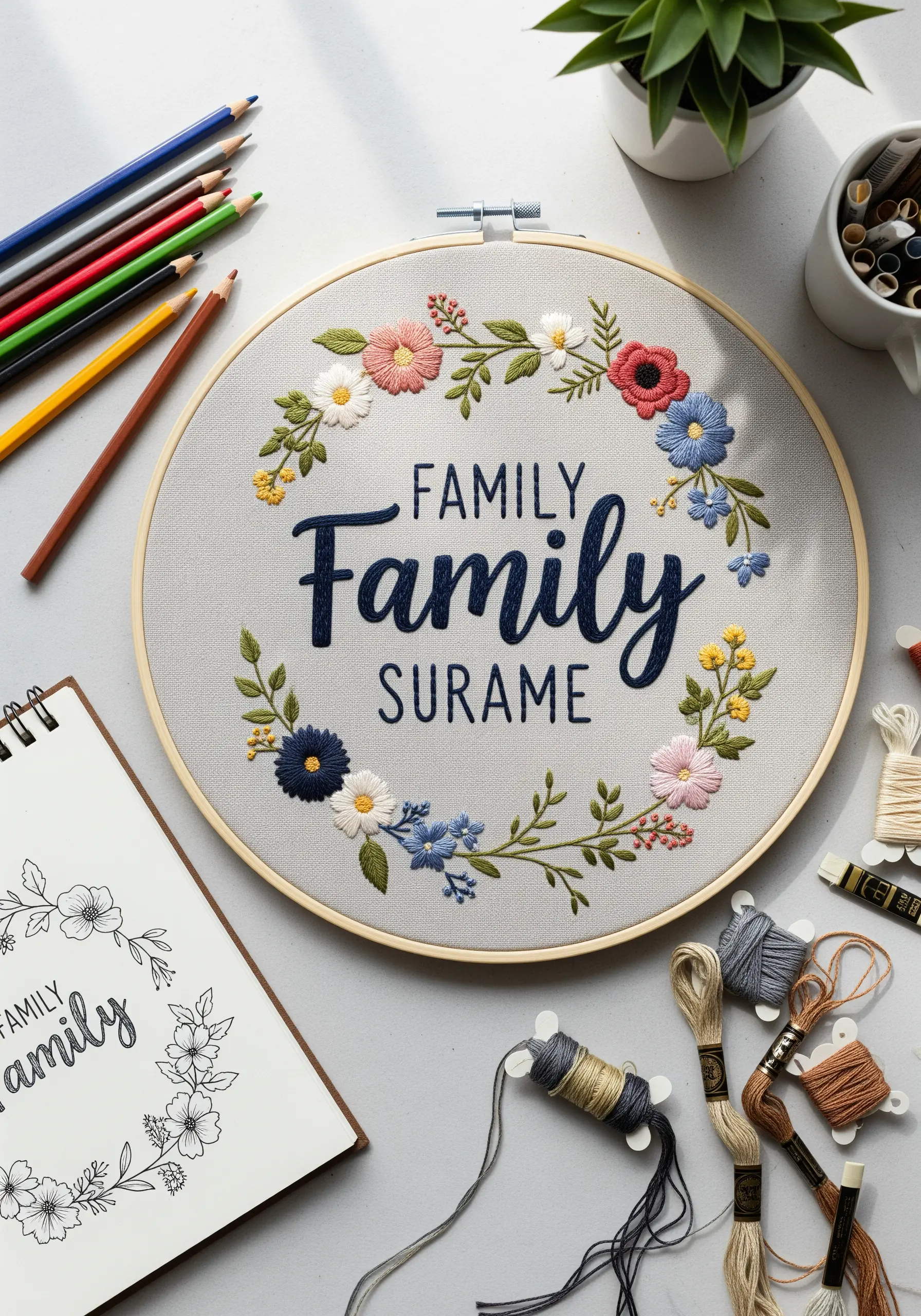 A family surname embroidered in a hoop, encircled by colorful floral motifs.