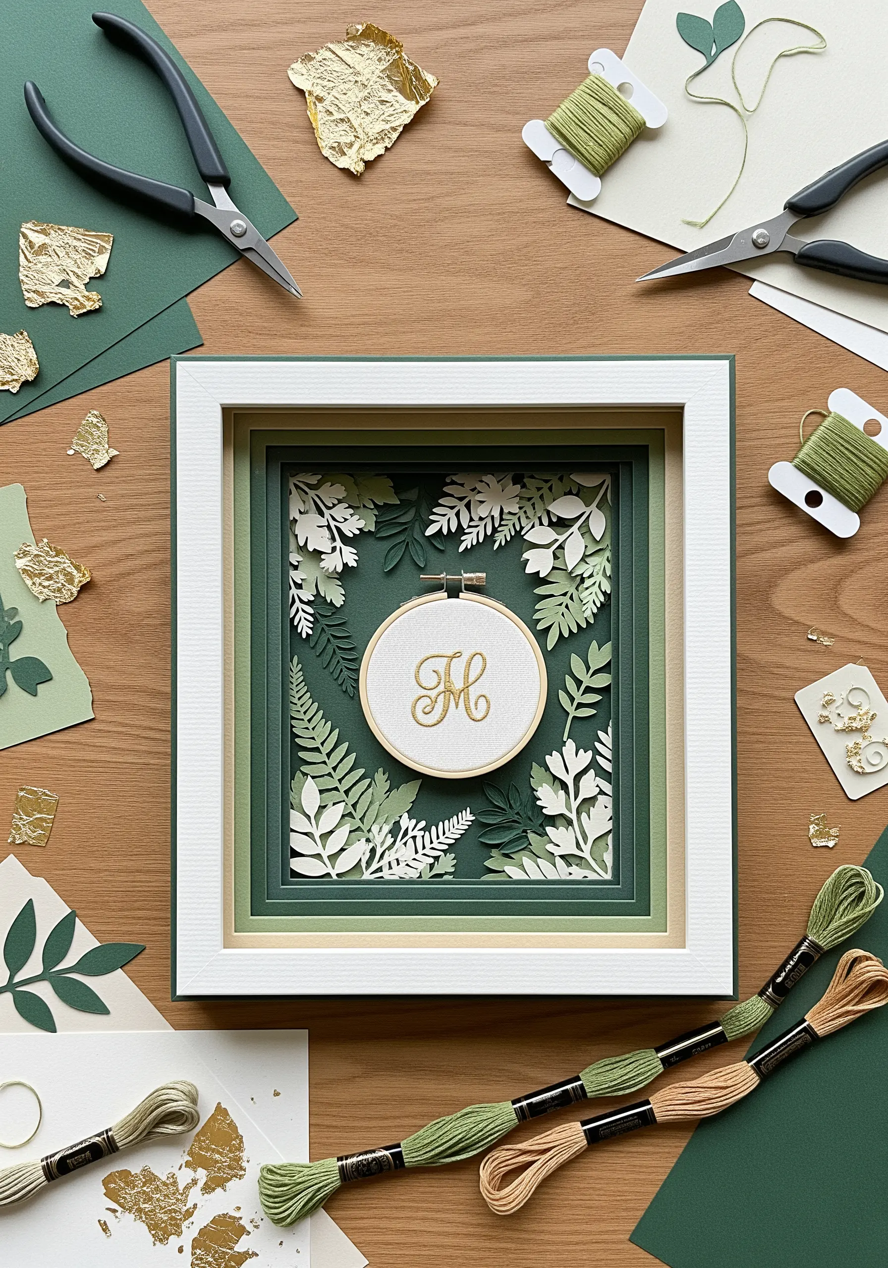 Embroidered monogram in a hoop framed by layered paper-cut leaves and gold leaf.