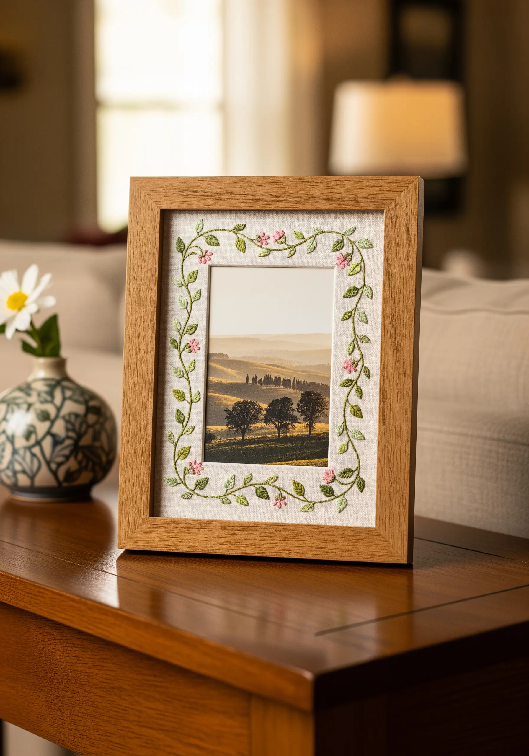 A wooden picture frame with a photo mat embroidered with a green vine and pink flowers.